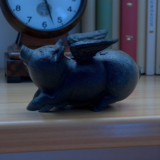 Cast Iron Flying Pig Coin Bank — Vintage Collectible