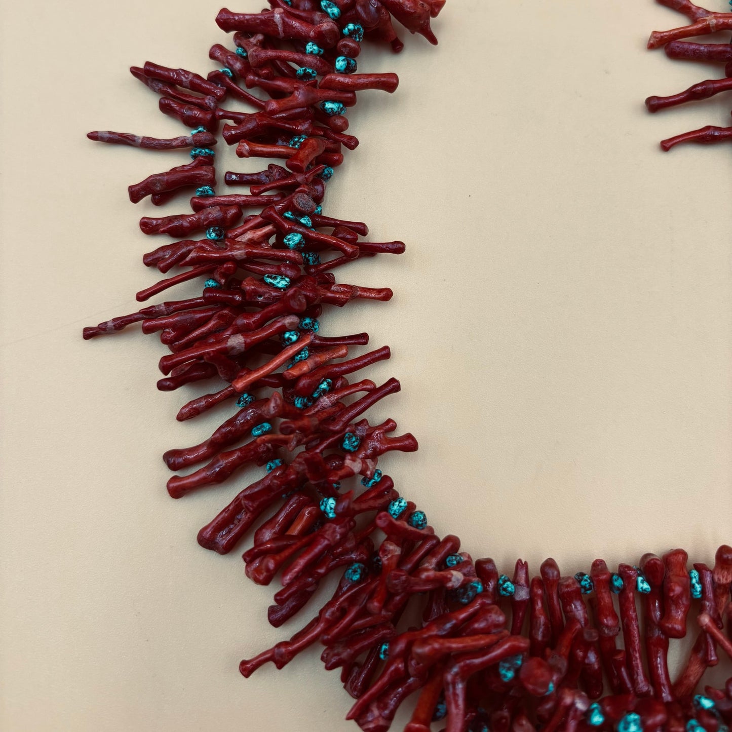 Bold Three-Strand Red Coral Branch & Turquoise Statement Necklace – 18.5″