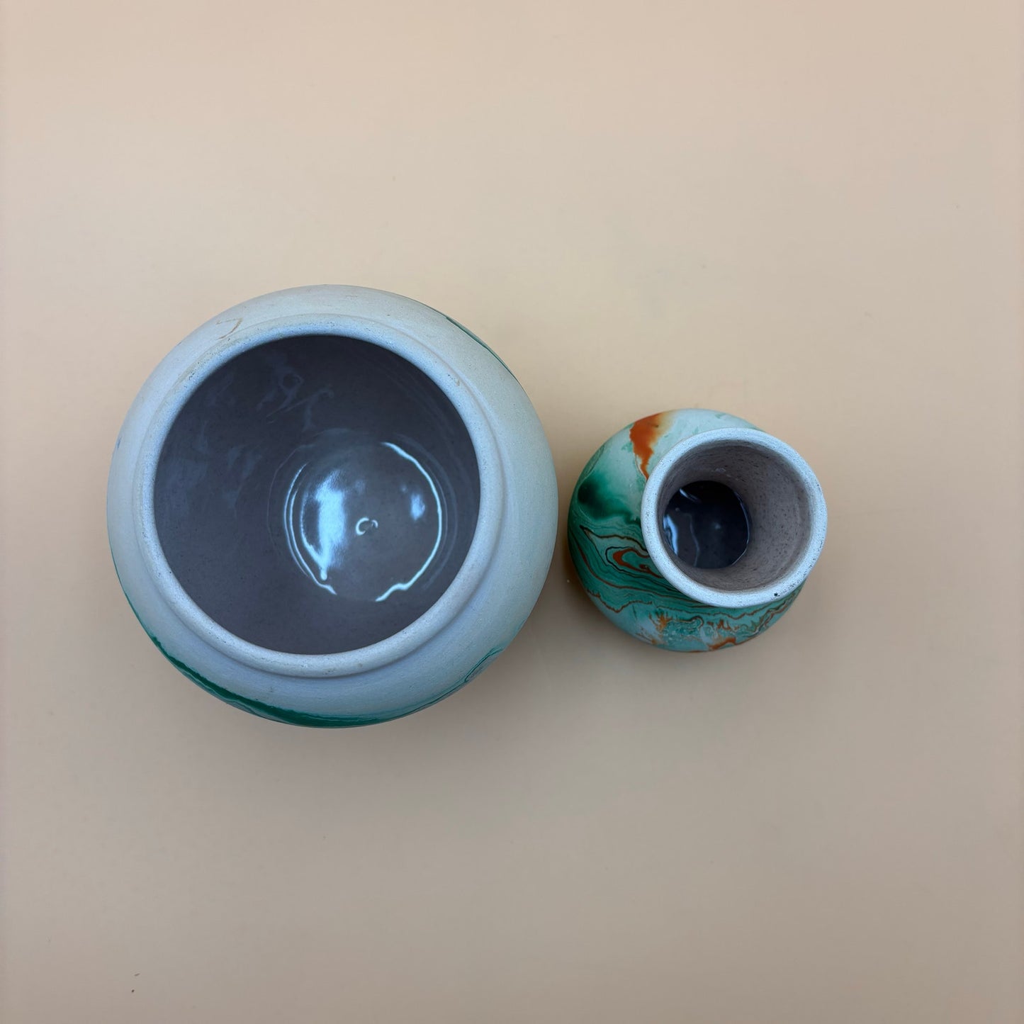 Pair of Vintage Nemadji Pottery Vases – Swirled Green, Blue & Orange Clay