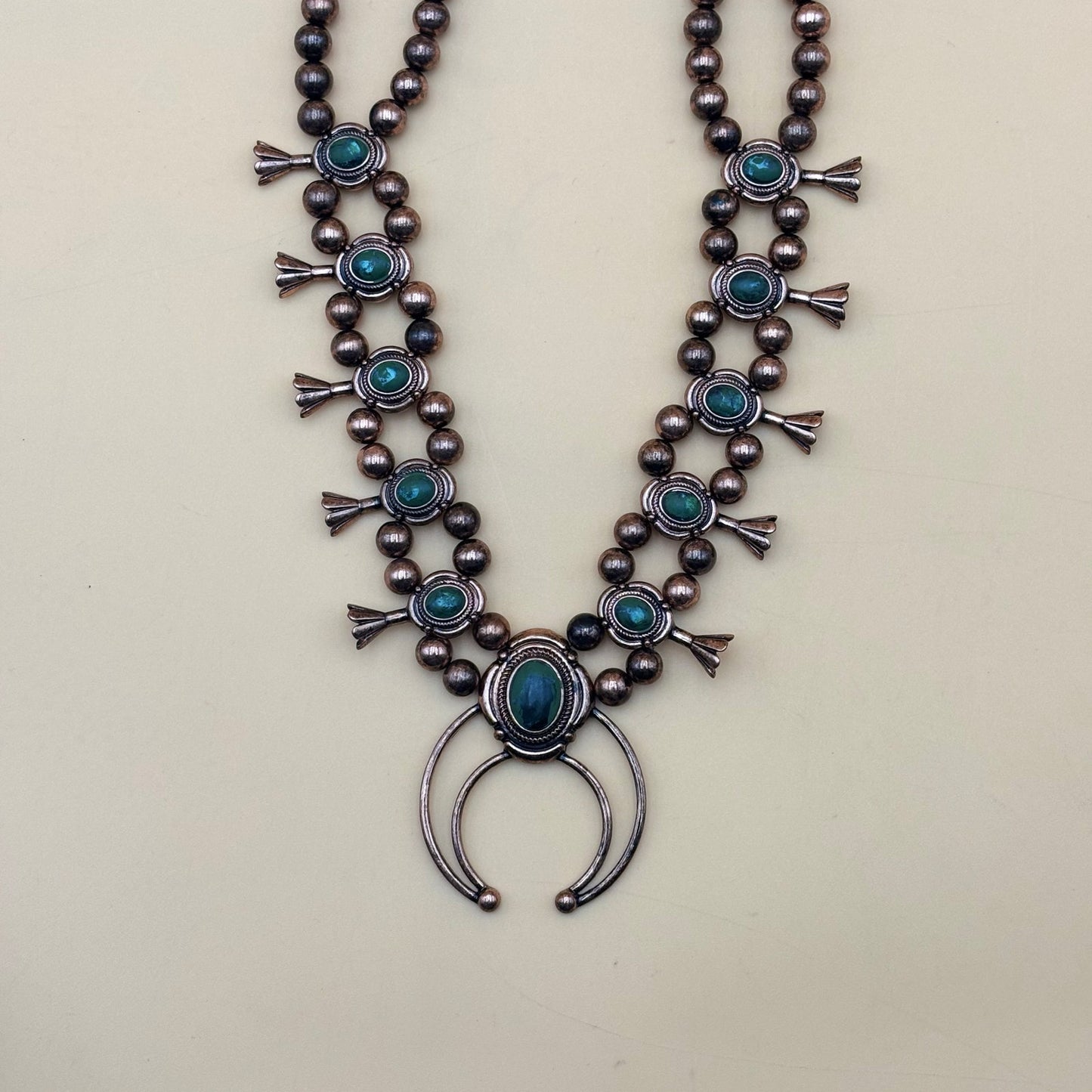 Boho Faux Turquoise Squash Blossom Necklace Copper-Tone Western Statement