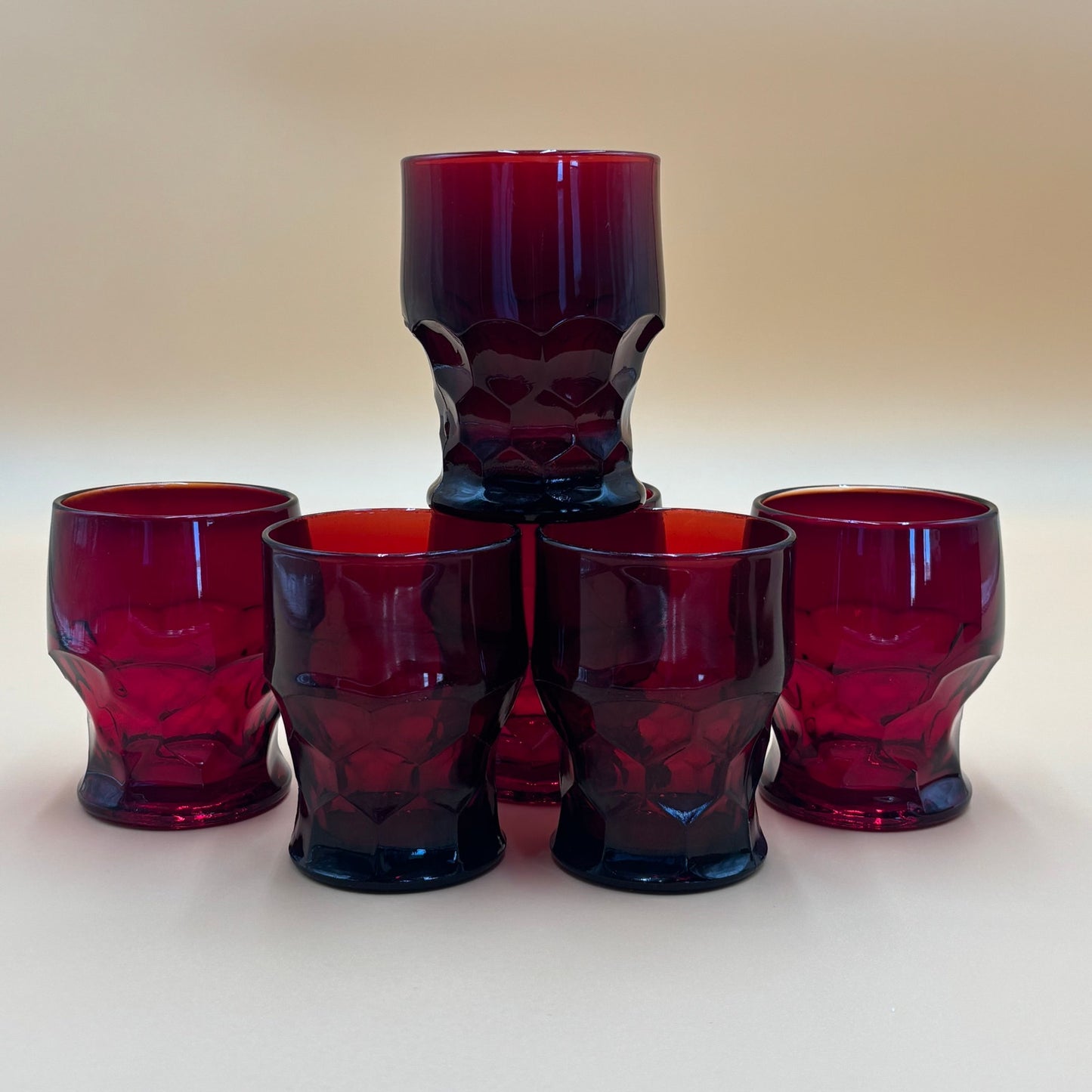 Set of 6 Vintage Ruby Red Glasses with Hexagonal/Honeycomb Base Mismatch