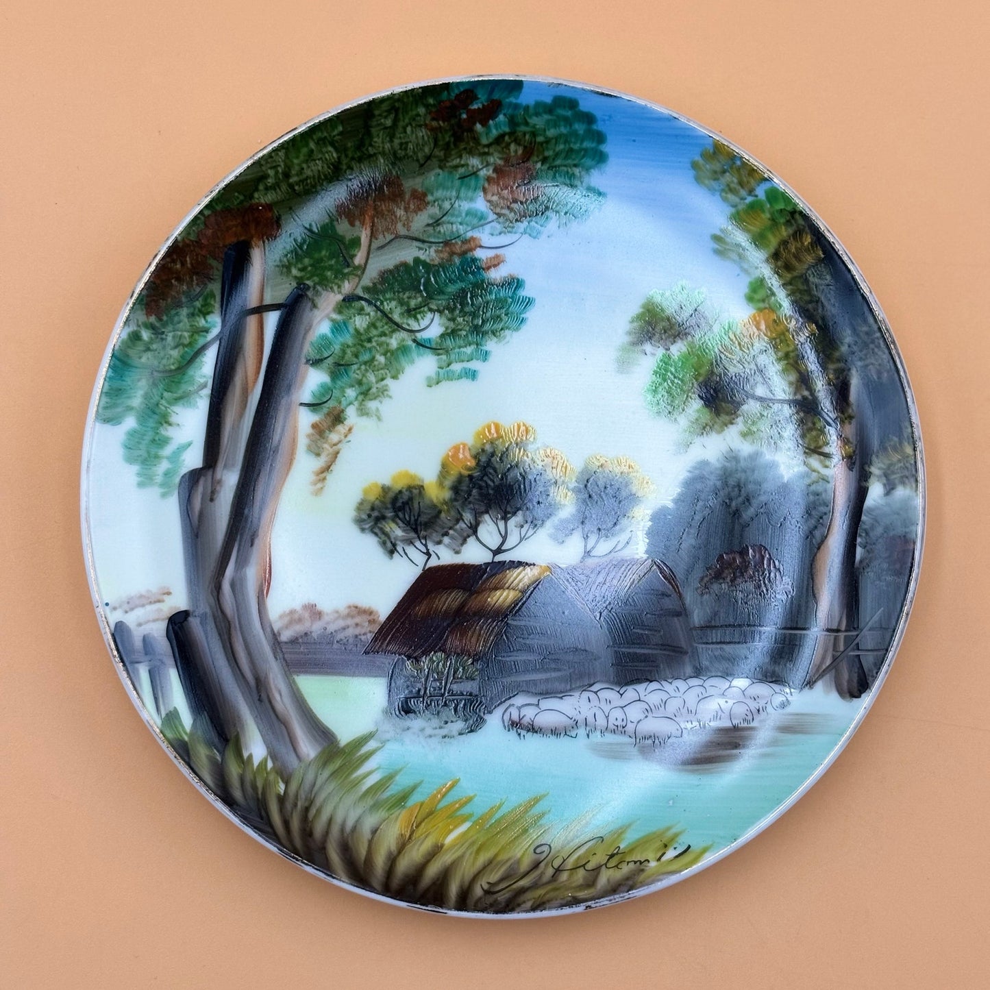 Vintage Hand-Painted Japanese Landscape Plate – Signed Hitomi  8.25 in.