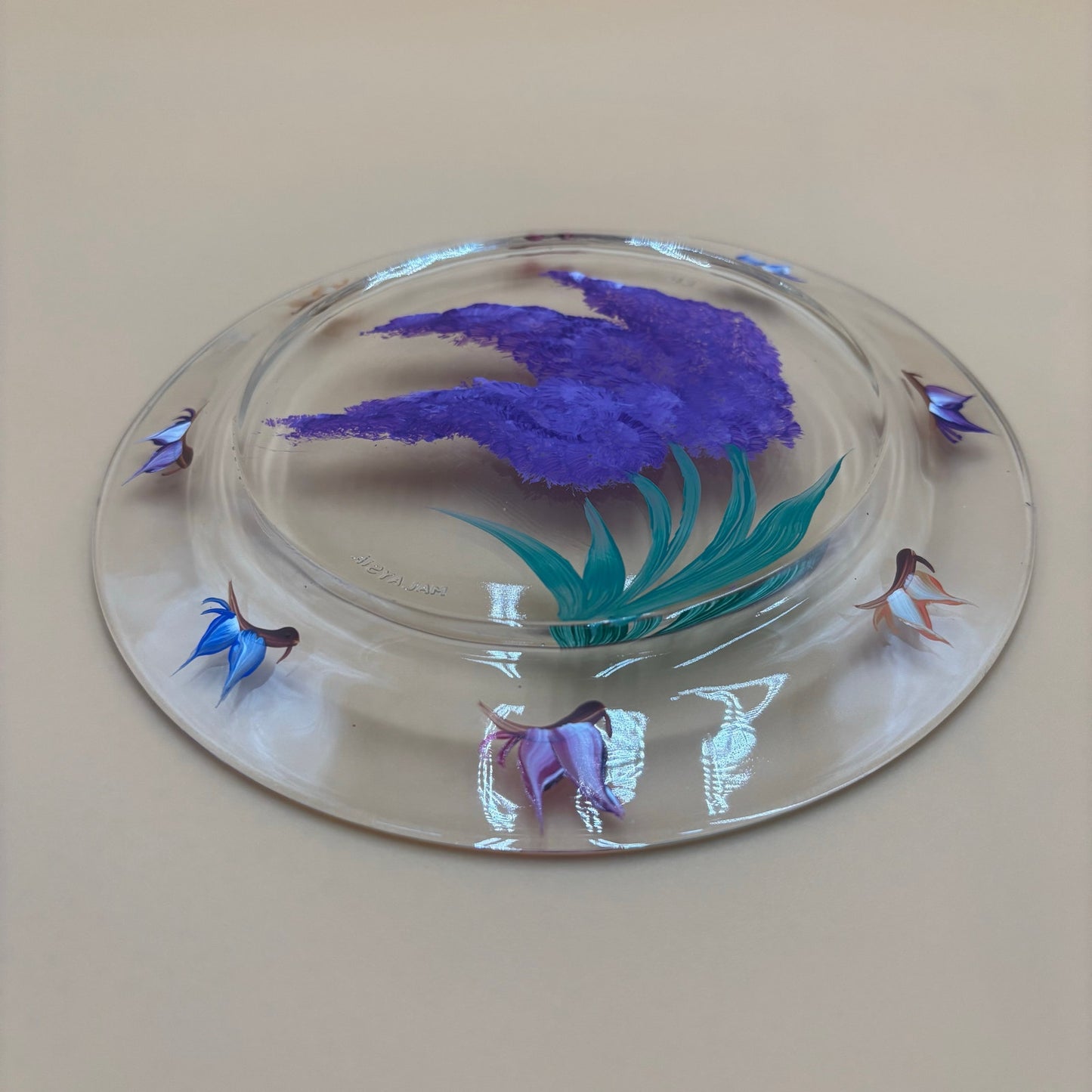Handpainted Glass Plate - Purple Flowers & Butterflies - Malaysia