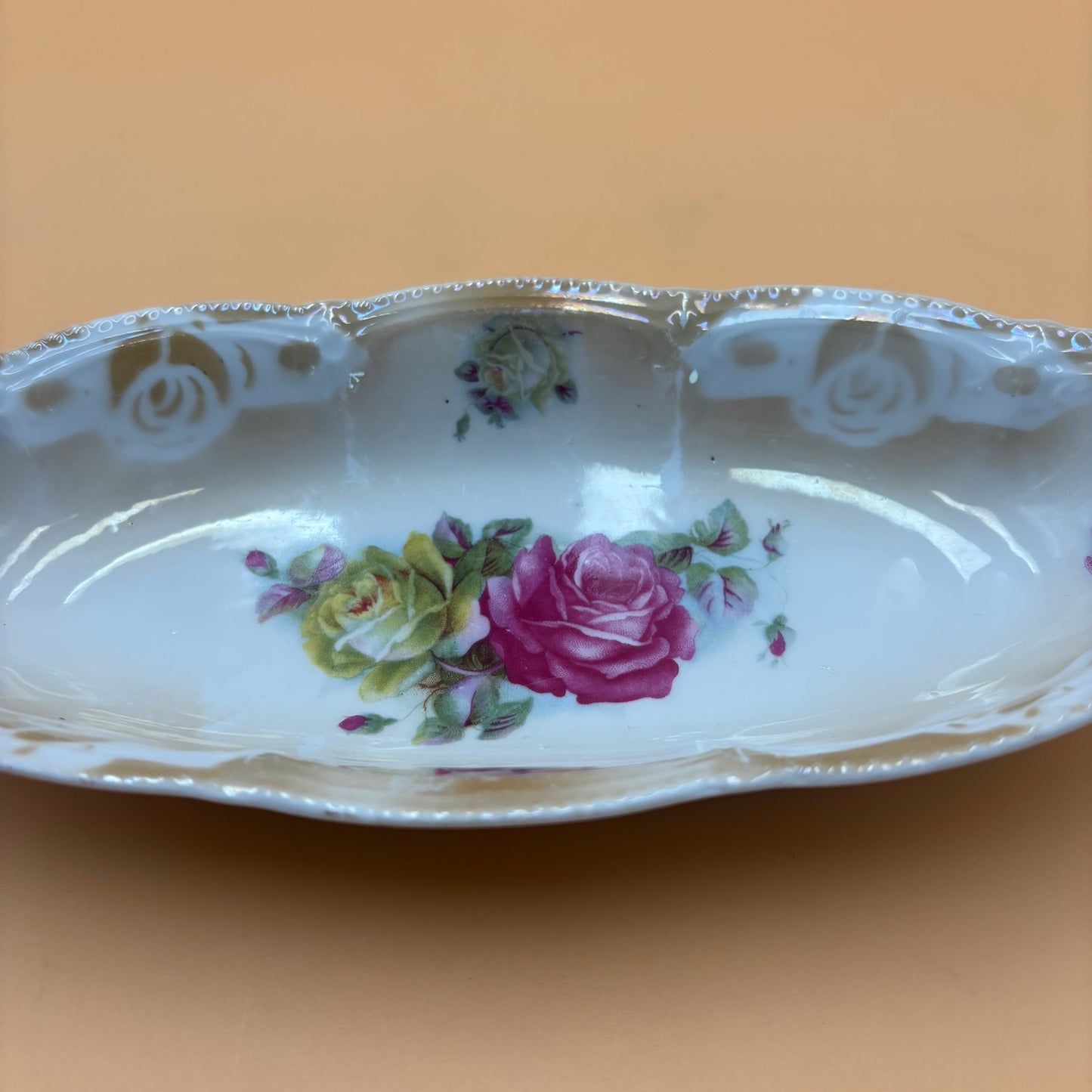 Vintage Made in Germany Porcelain Oval Dish – Pink & Yellow Roses with Handles