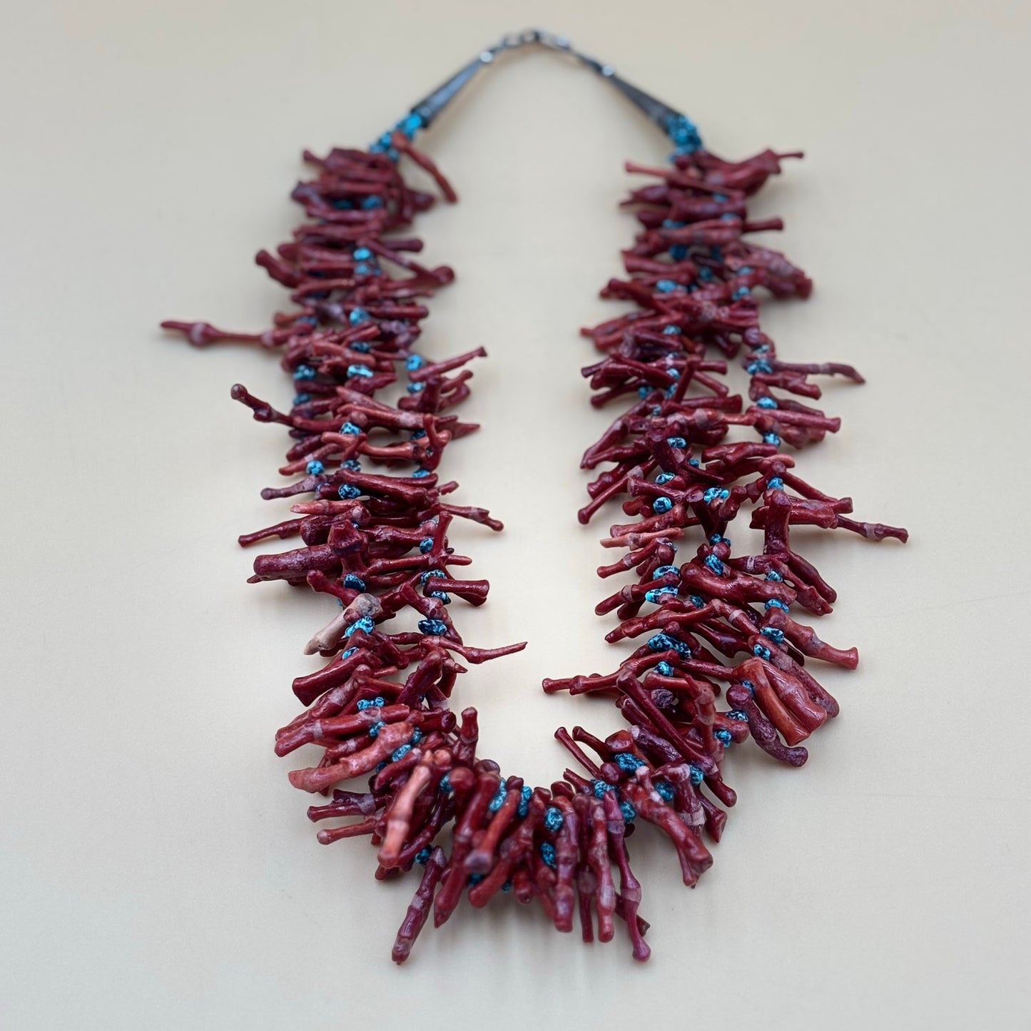 Bold Three-Strand Red Coral Branch & Turquoise Statement Necklace – 18.5″