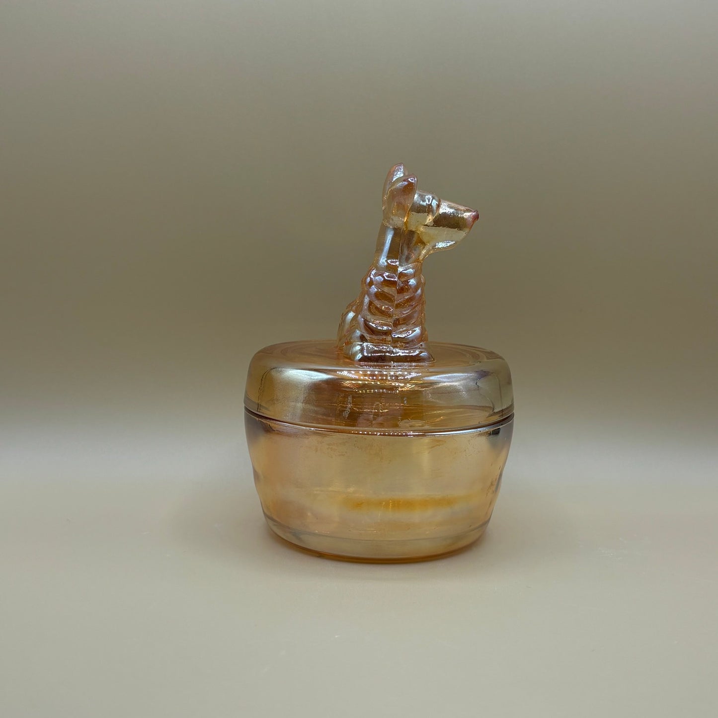 Vintage Jeannette Marigold Carnival Glass Scottie Dog Trinket Box