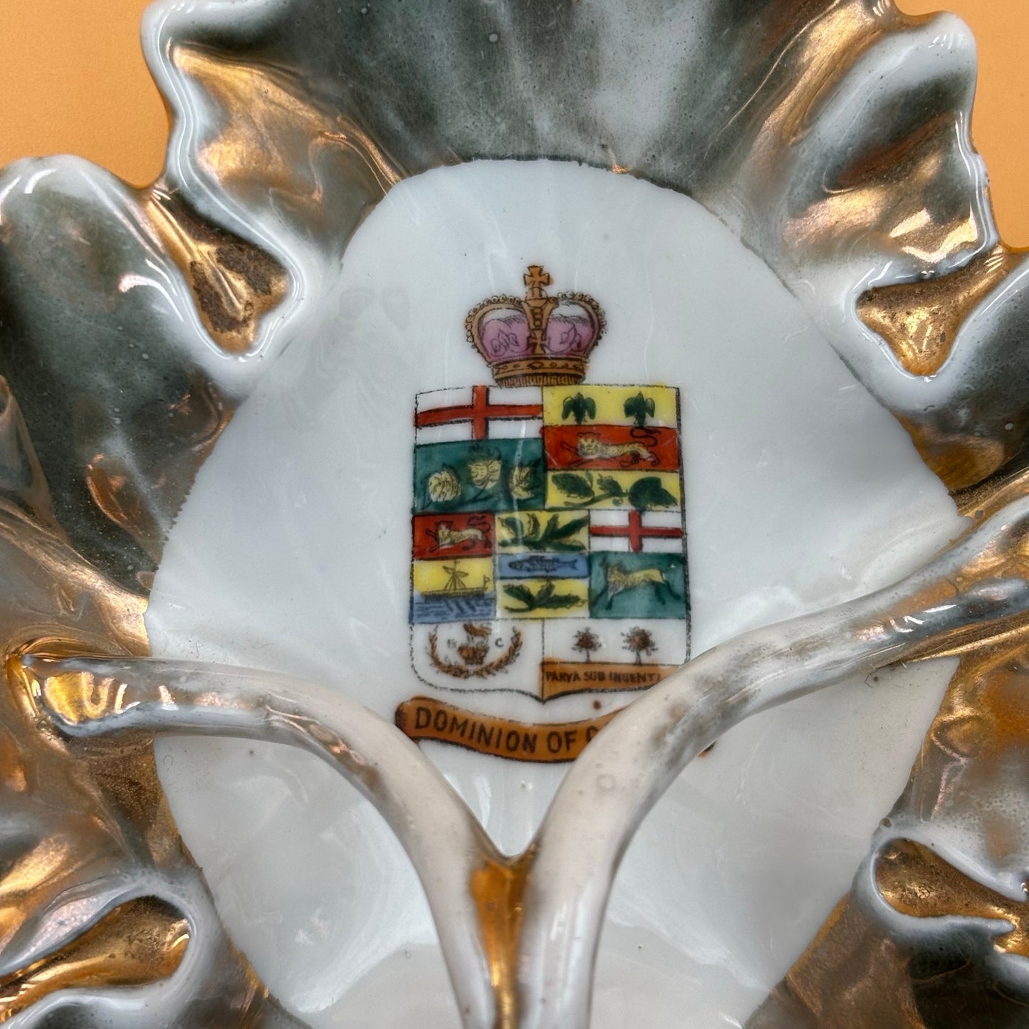 Vintage Dominion of Canada Ruffled Leaf Dish – Gray and Gold Accent Handle