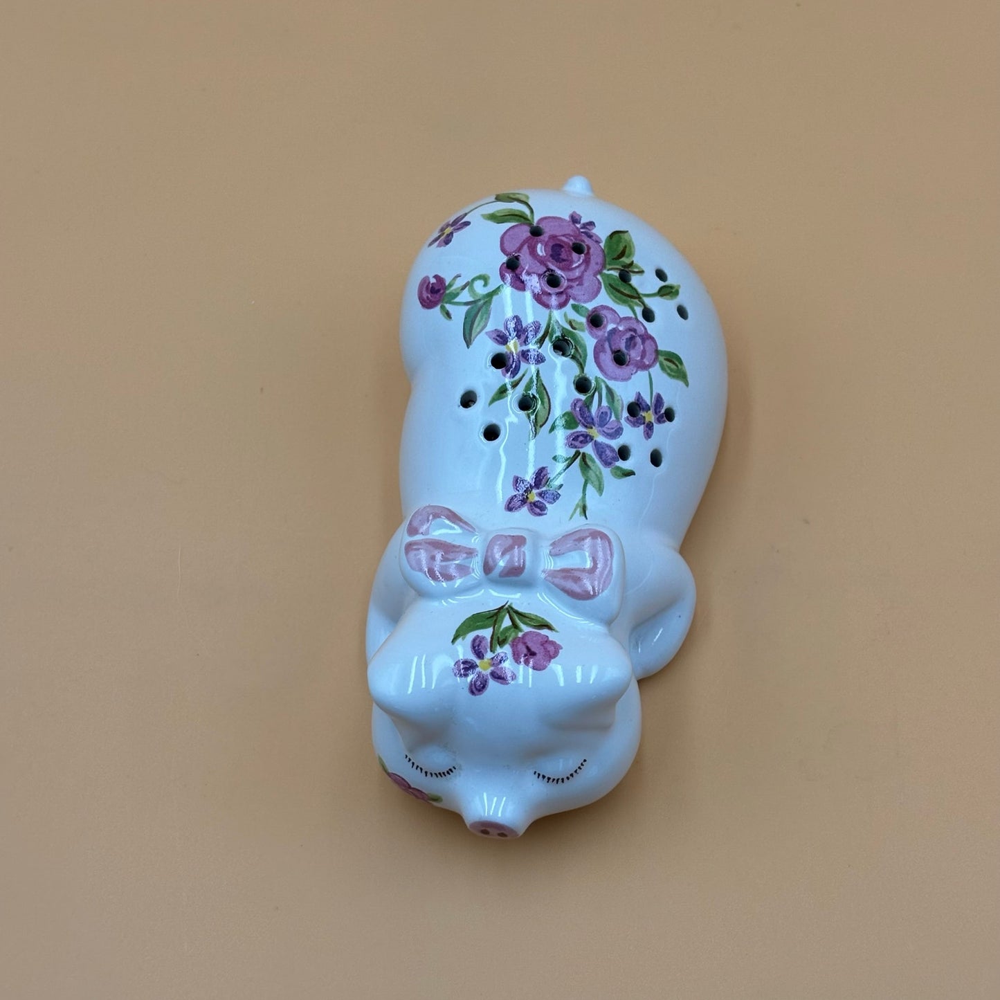 Vintage 1978 Avon Ceramic Pig Sachet – Floral Sleeping Pig with Bow, Made in Brazil