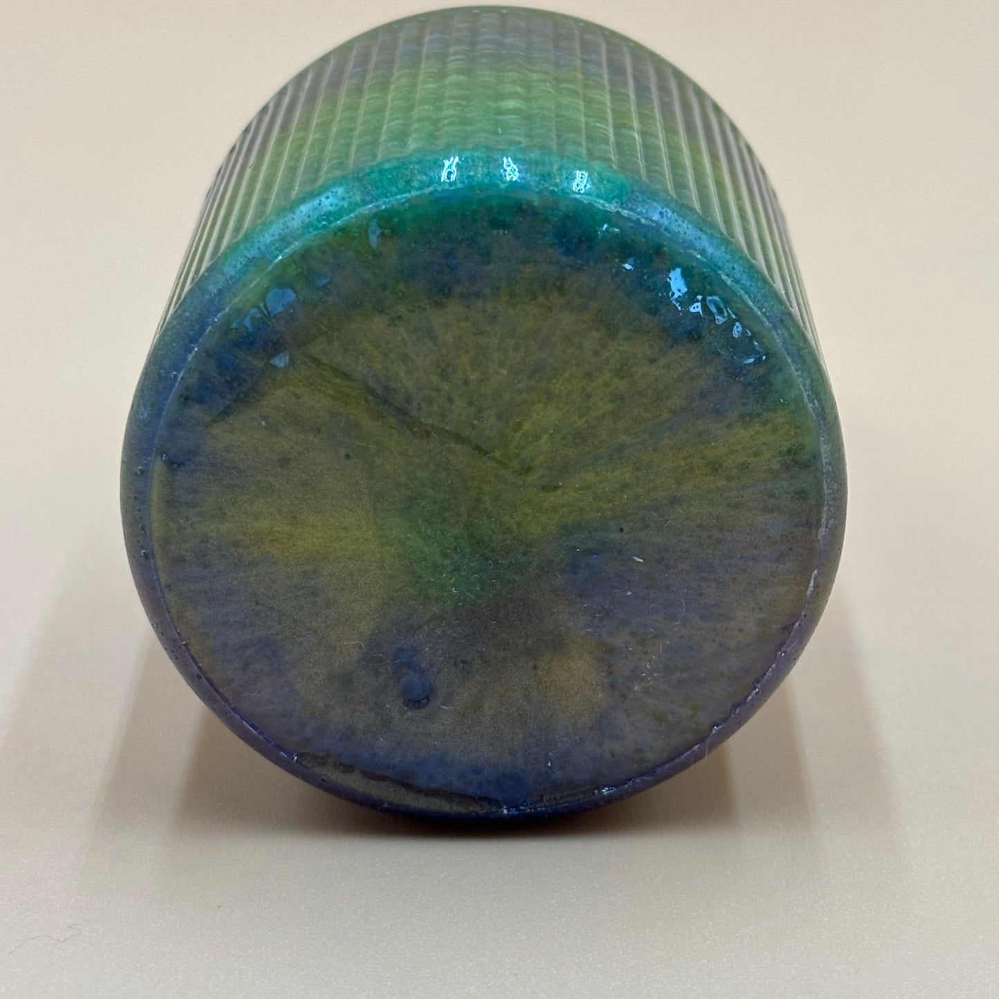 Vintage Ribbed Studio Pottery Bud Vase - Blue & Green Drip Glaze