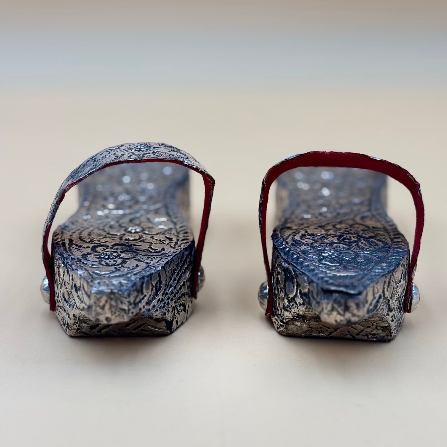 Vintage Ottoman Style Child’s Shoes Silver Tone on Wood with Box Collectible