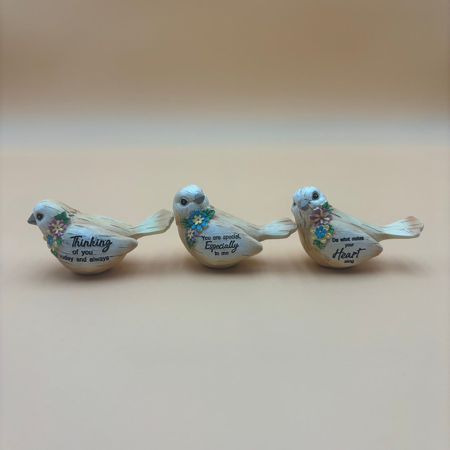 Set of 3 Inspirational Bird Figurines – Floral Accents & Messages (4”)