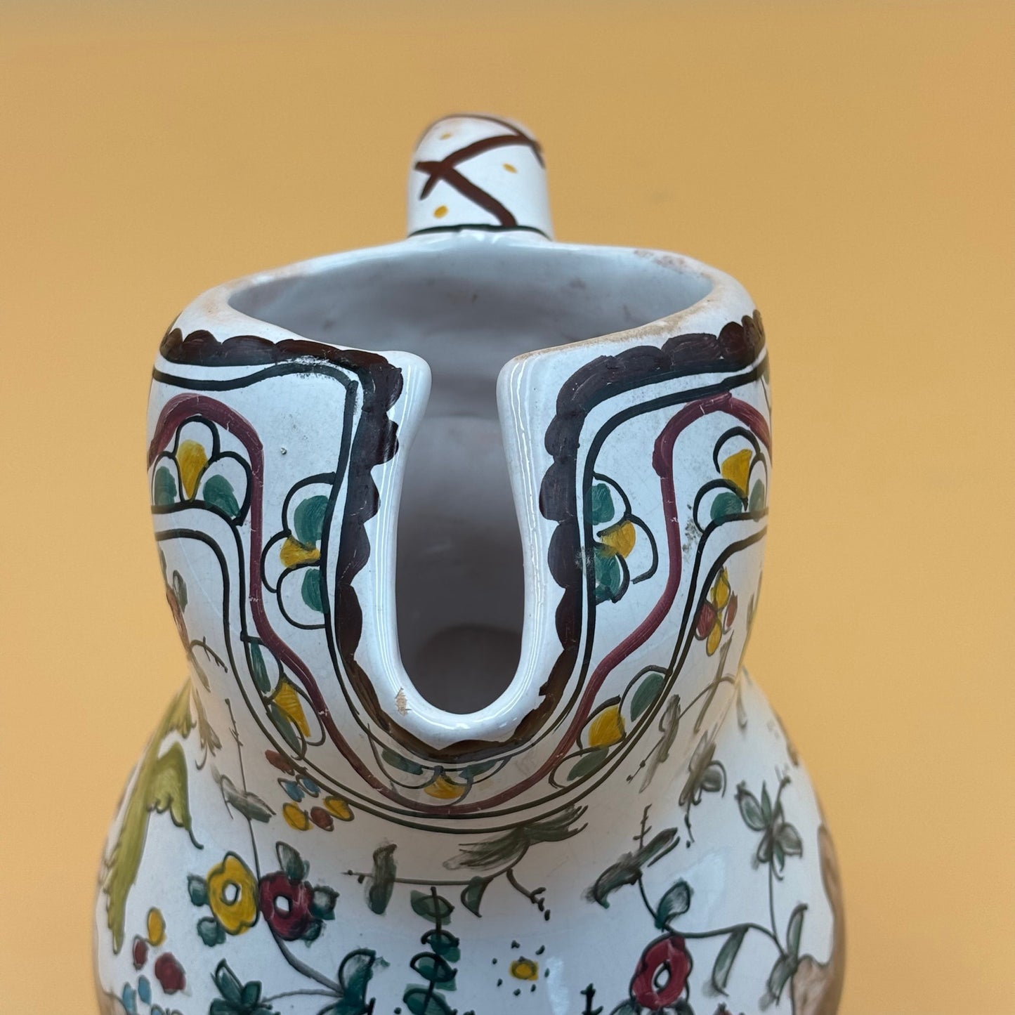 Vintage Portuguese Coimbra Pitcher – Hand-Painted Bird & Floral Talavera-Style Pottery