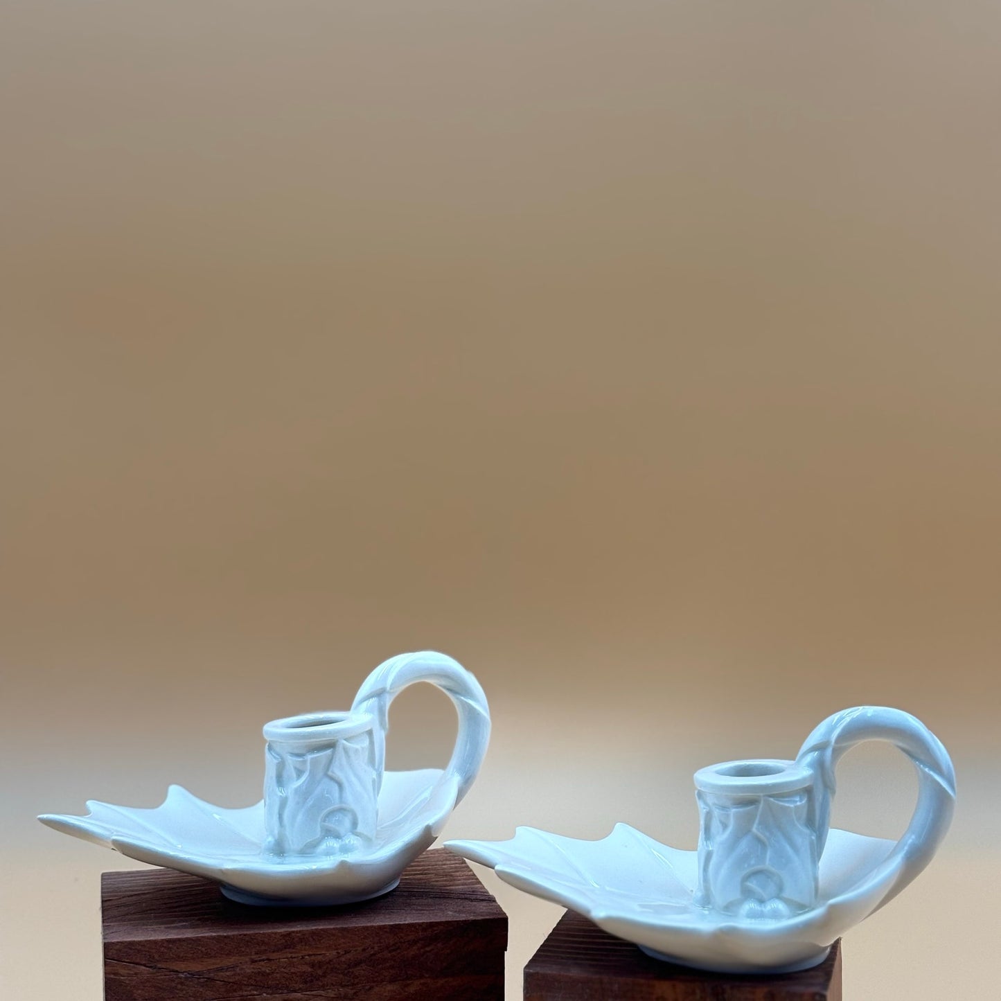White Ceramic Holly Leaf Candlestick Holders – Pair