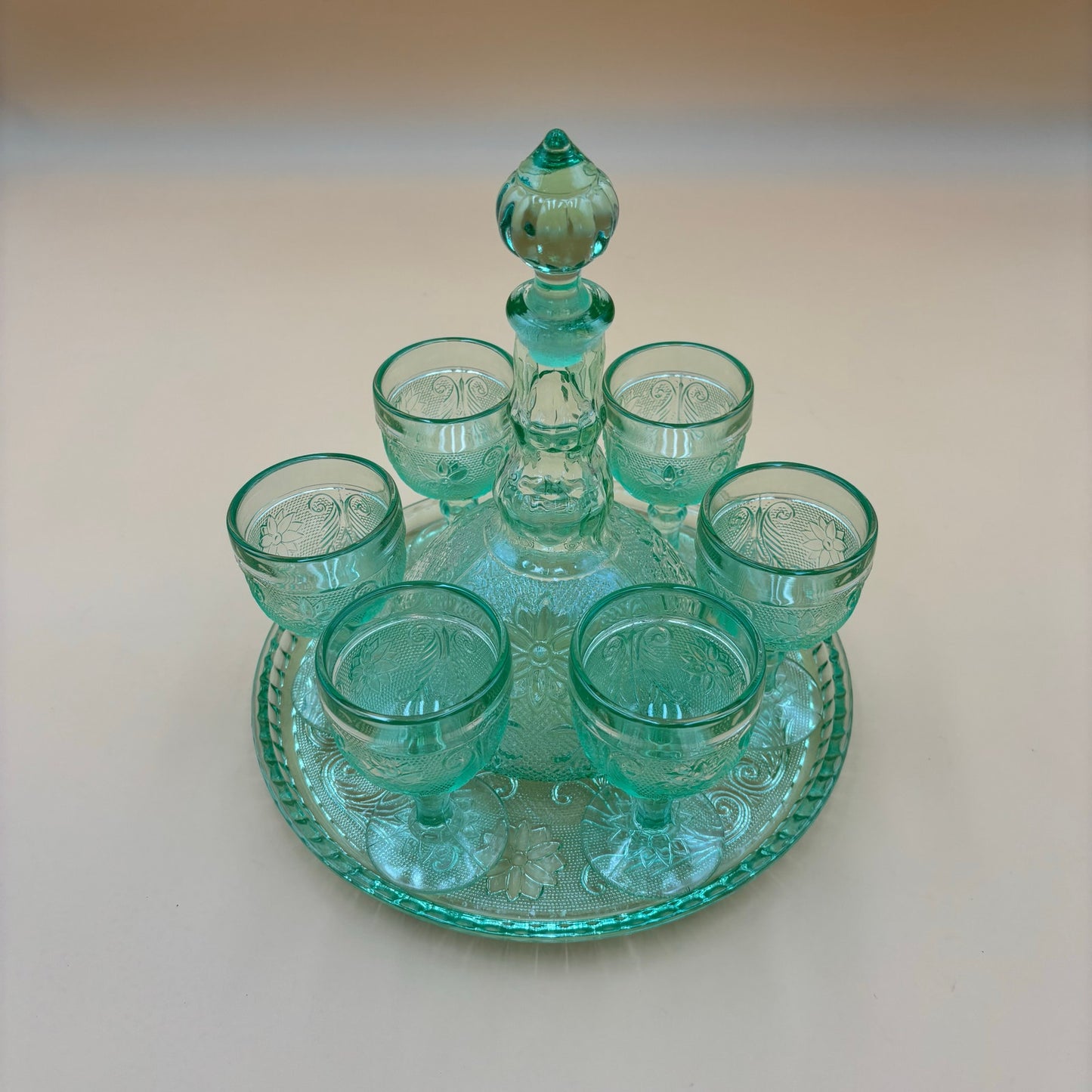 Aqua Green Pressed Glass Decanter Set with Tray and 6 Goblets