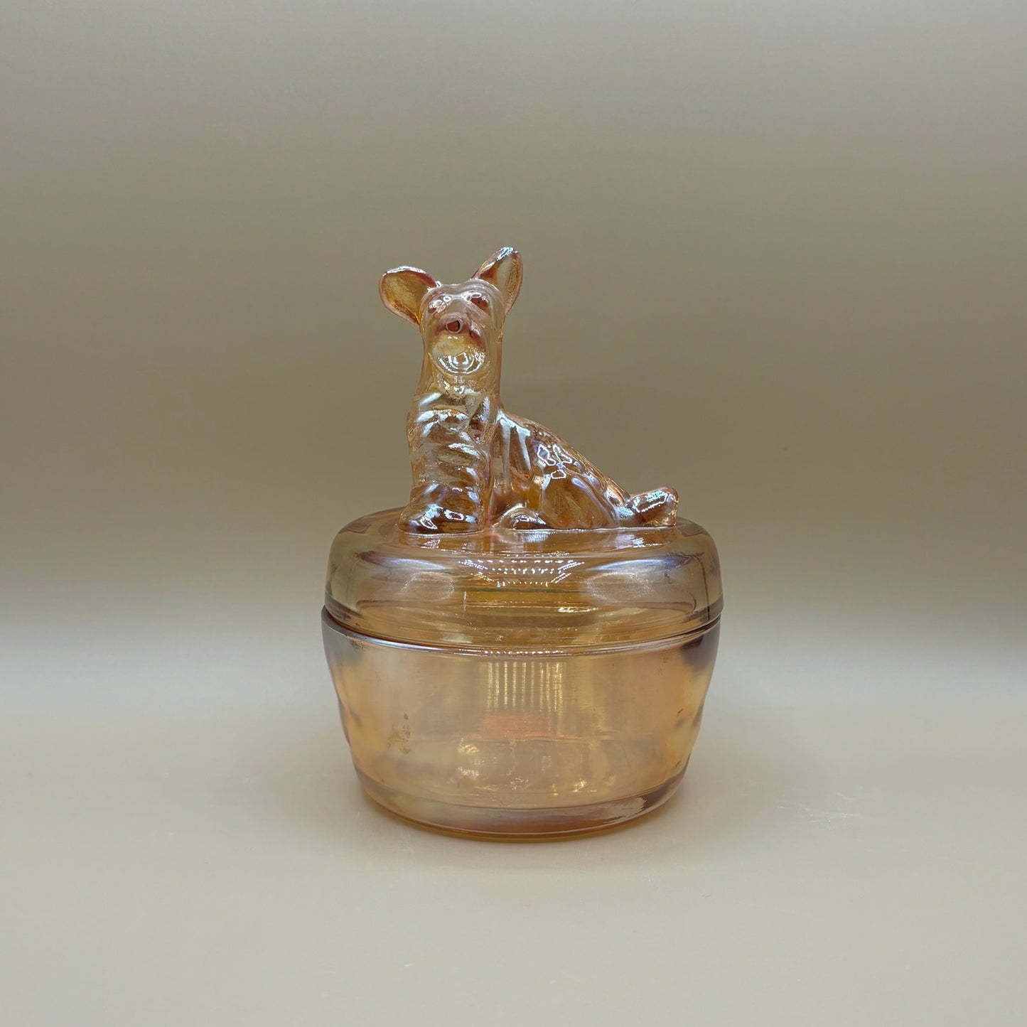 Vintage Jeannette Marigold Carnival Glass Scottie Dog Trinket Box