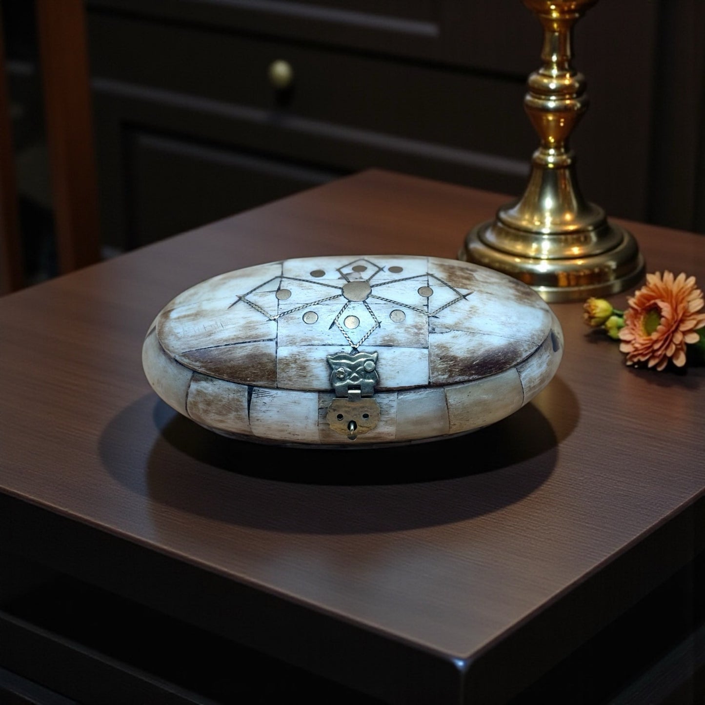 Vintage Indian Bone Inlay Trinket Box with Blue Velvet Lining – Handmade Art No. P187