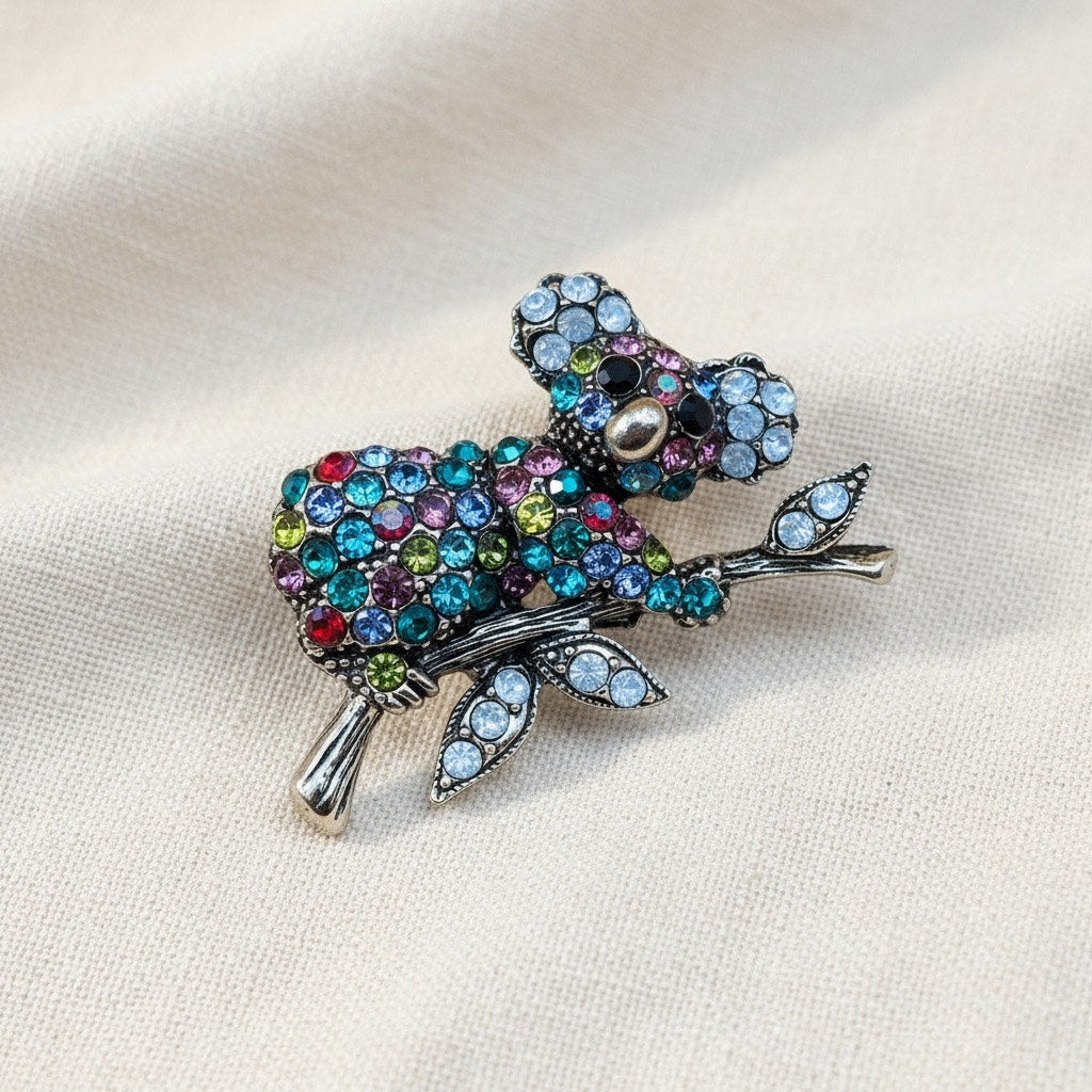 Gold Tone Koala Bear Crystal Brooch
