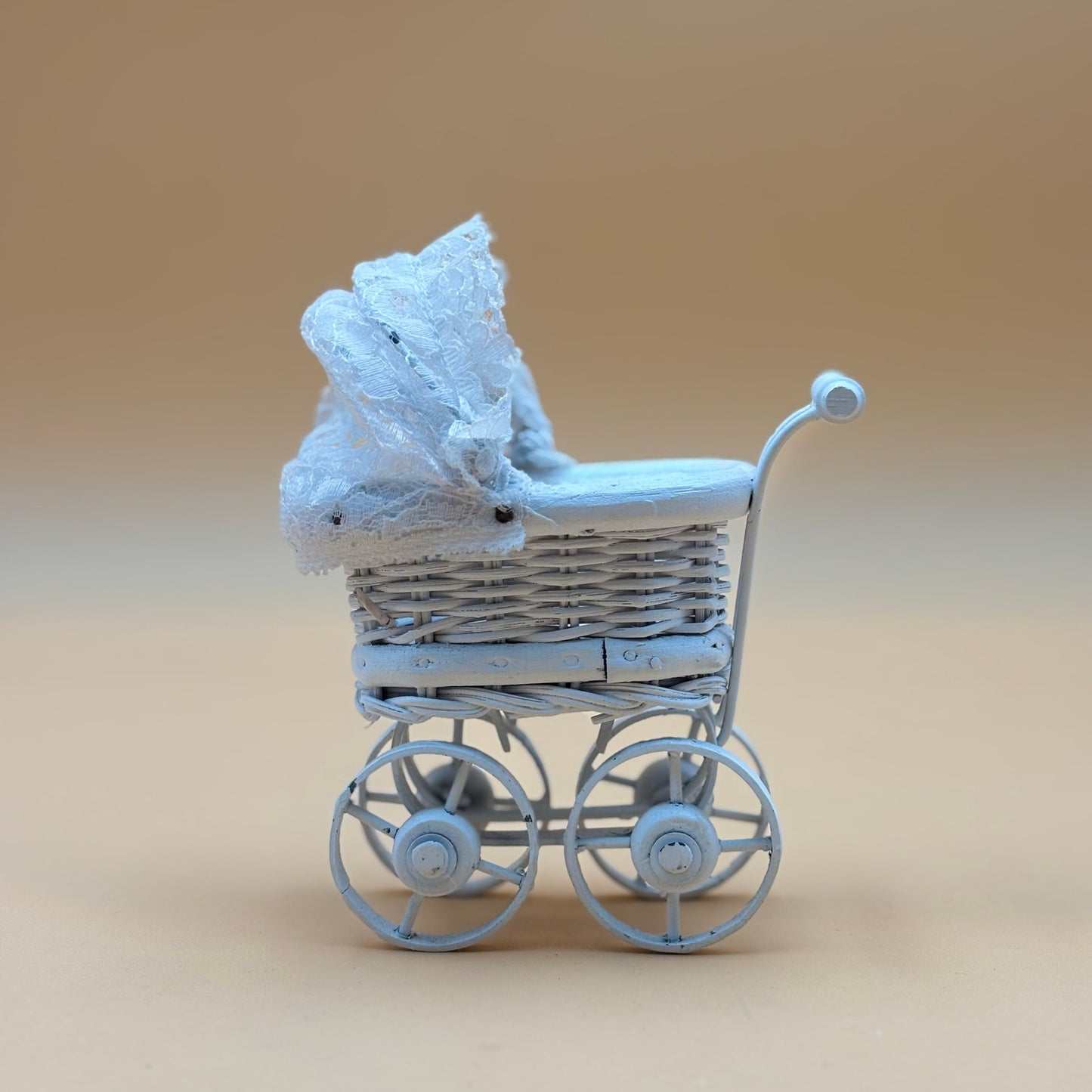 Miniature White Wicker Doll Buggy with Lace Canopy