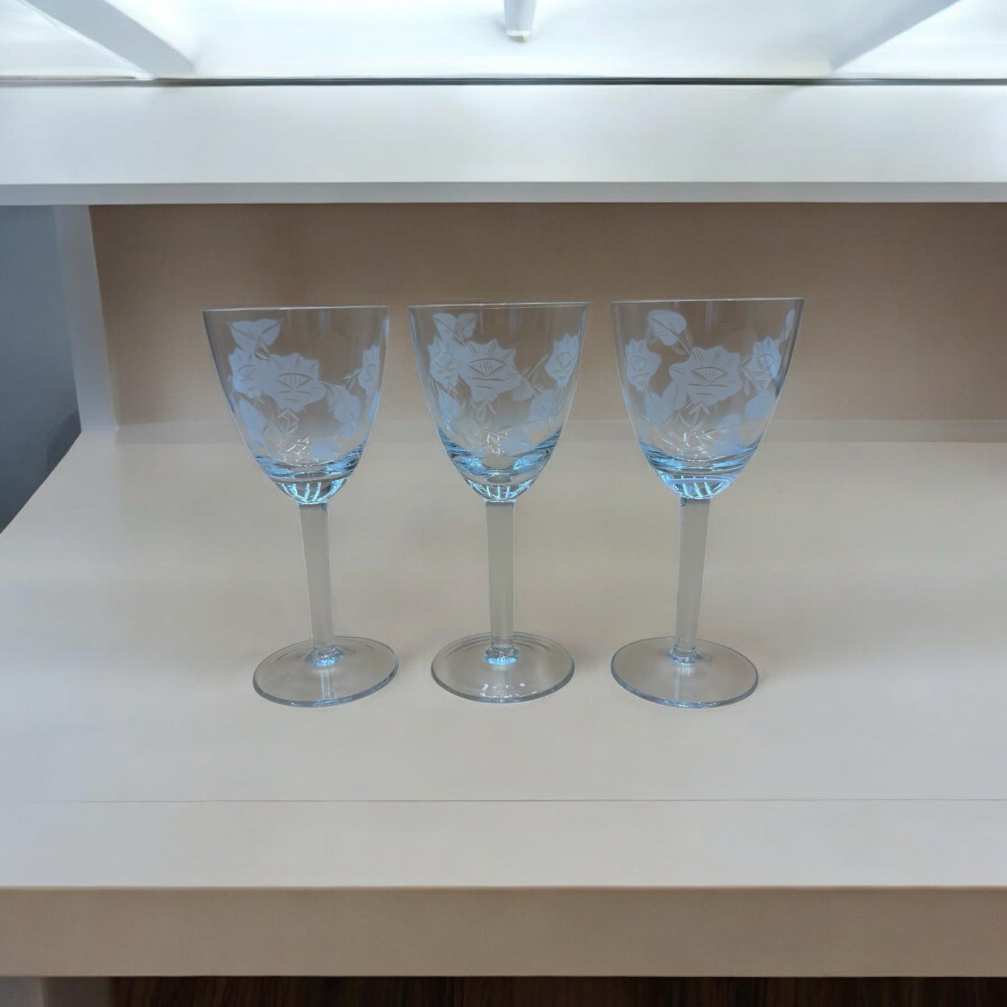 Set of 3 Etched Floral Wine Glasses – 6 3/8” Tall