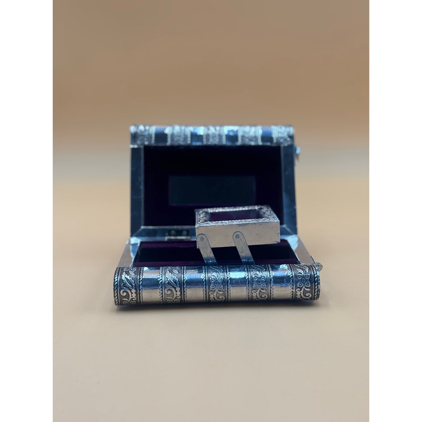Pair of Handcrafted Indian Tiger Jewelry Boxes with Purple Velvet Interior
