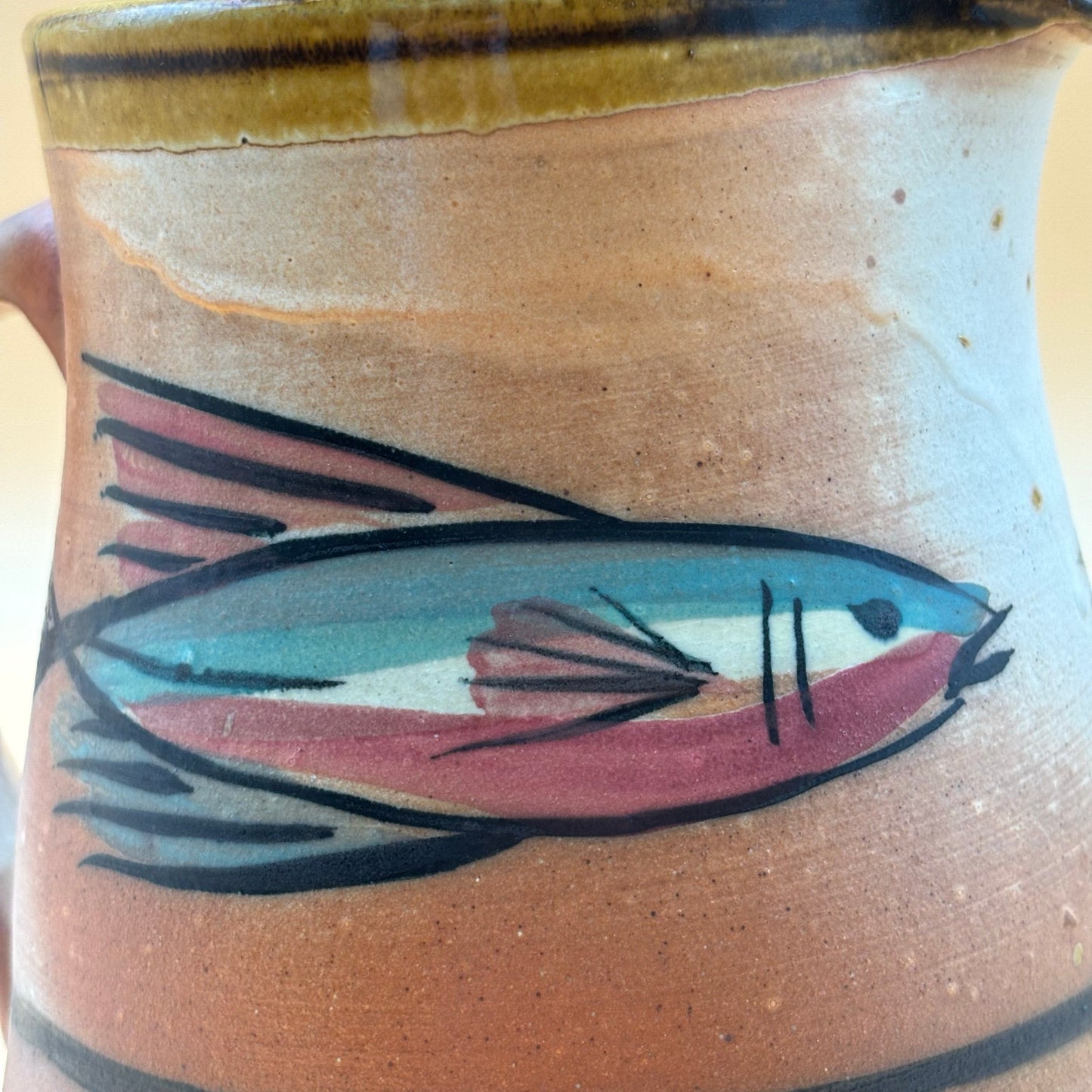 Studio Pottery Fish Pitcher with “M” Handle Mark – Hand-Painted 8″