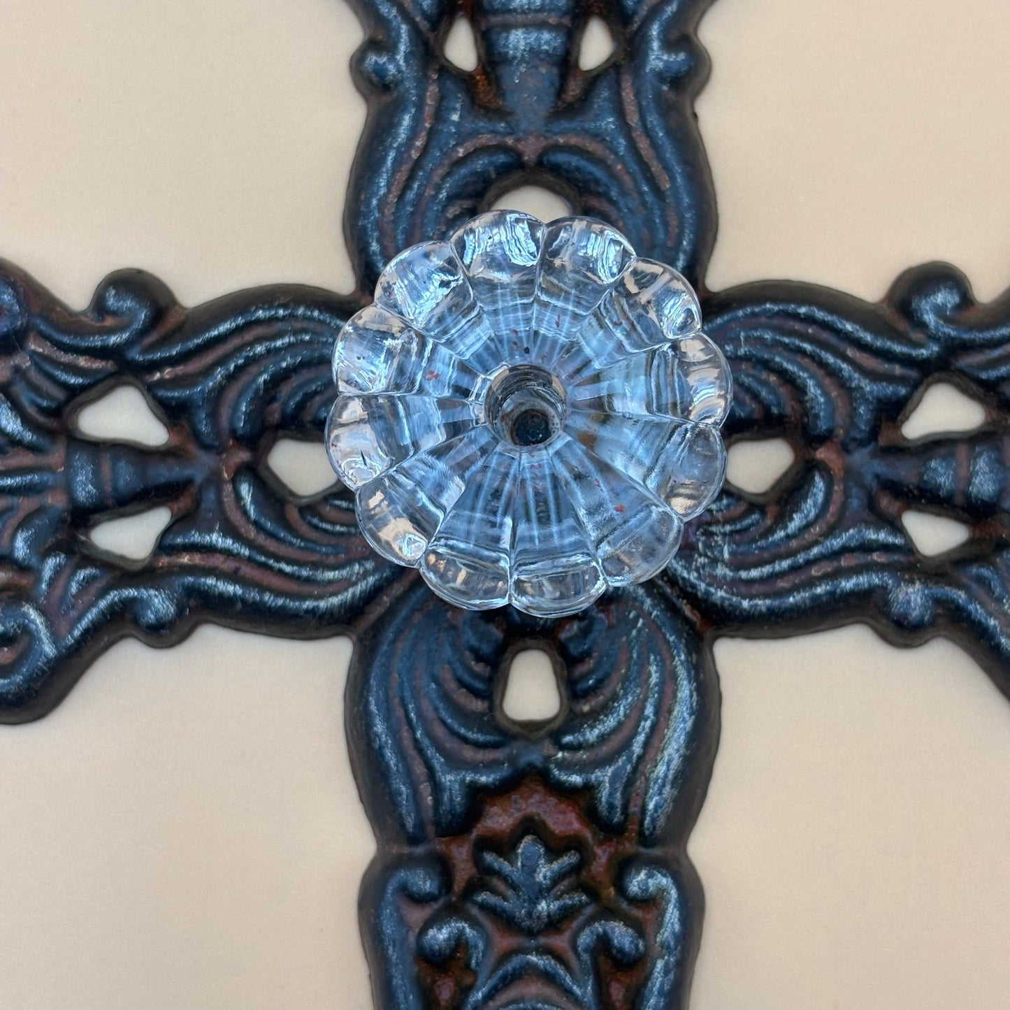 Wrought Iron Wall Cross with Crystal Knob Hook