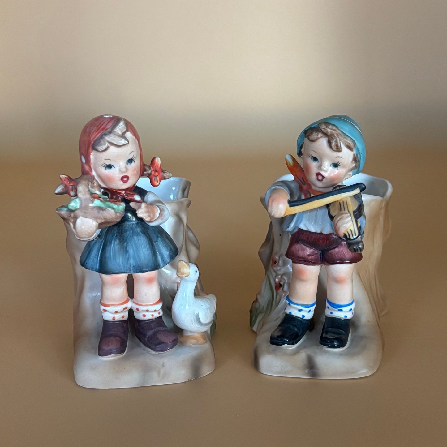 Enesco Figurine Vintage Planters – Boy with Violin & Girl with Basket – Set of 2