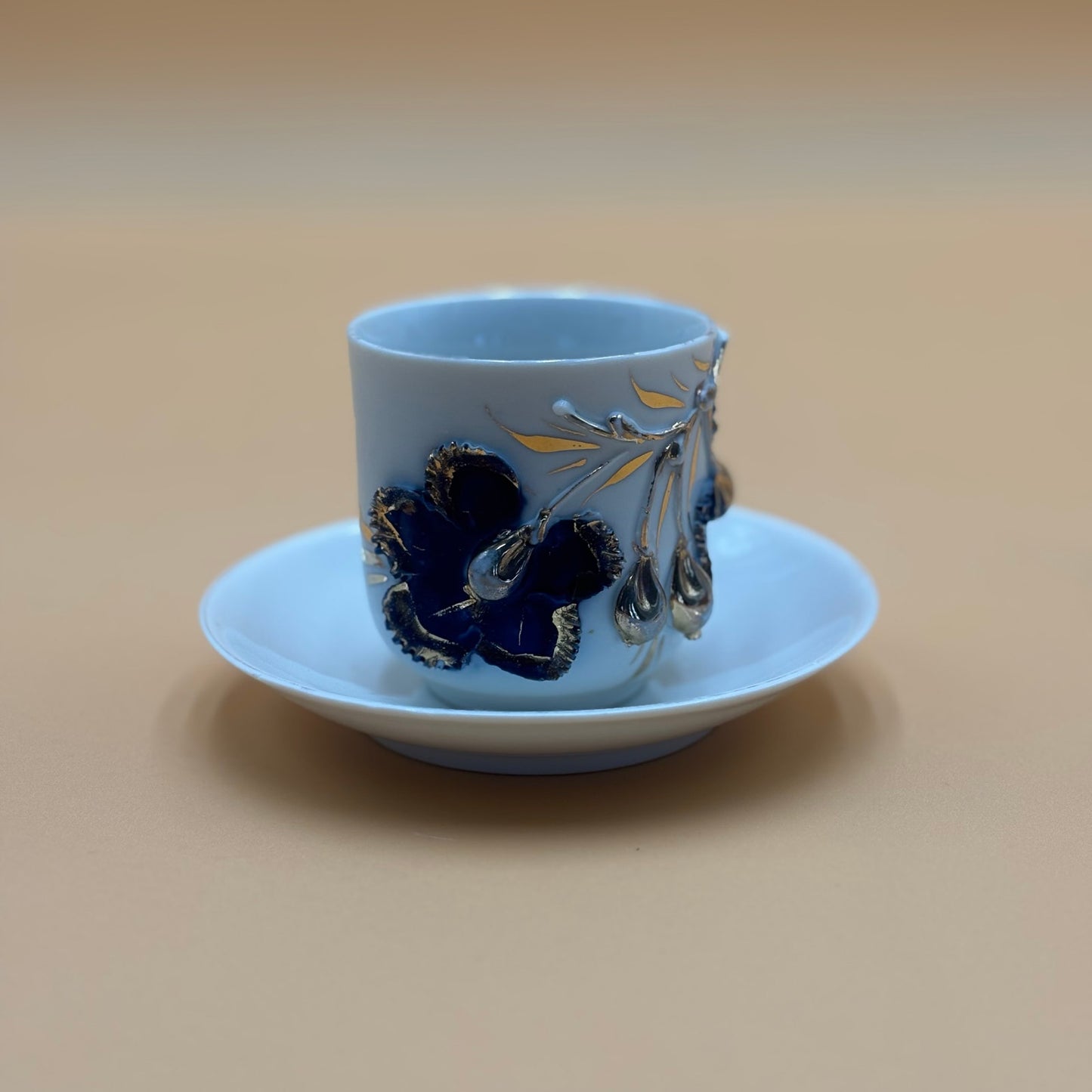 Vintage German Porcelain Demitasse Cup & Saucer - Purple & Gold Floral