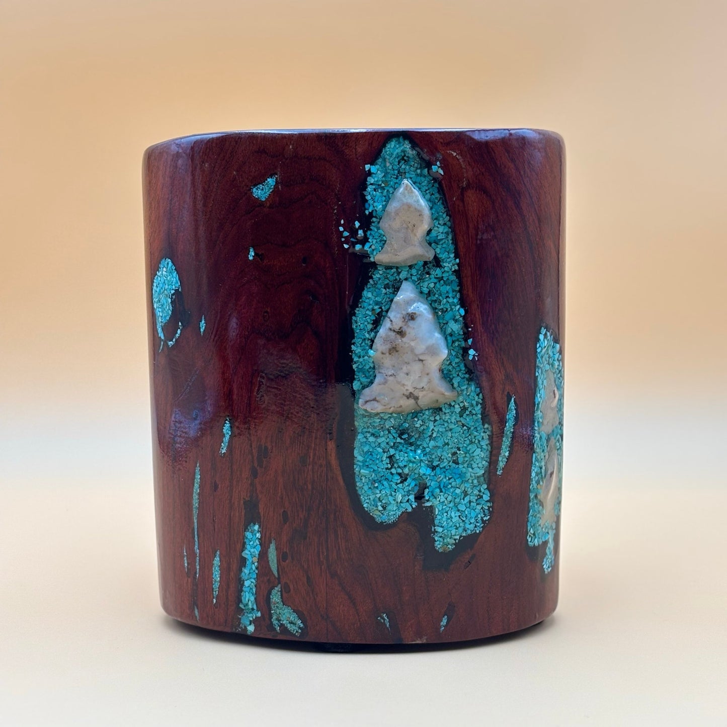 Hand-Carved Burlwood Vessel with Turquoise & Arrowhead Inlay