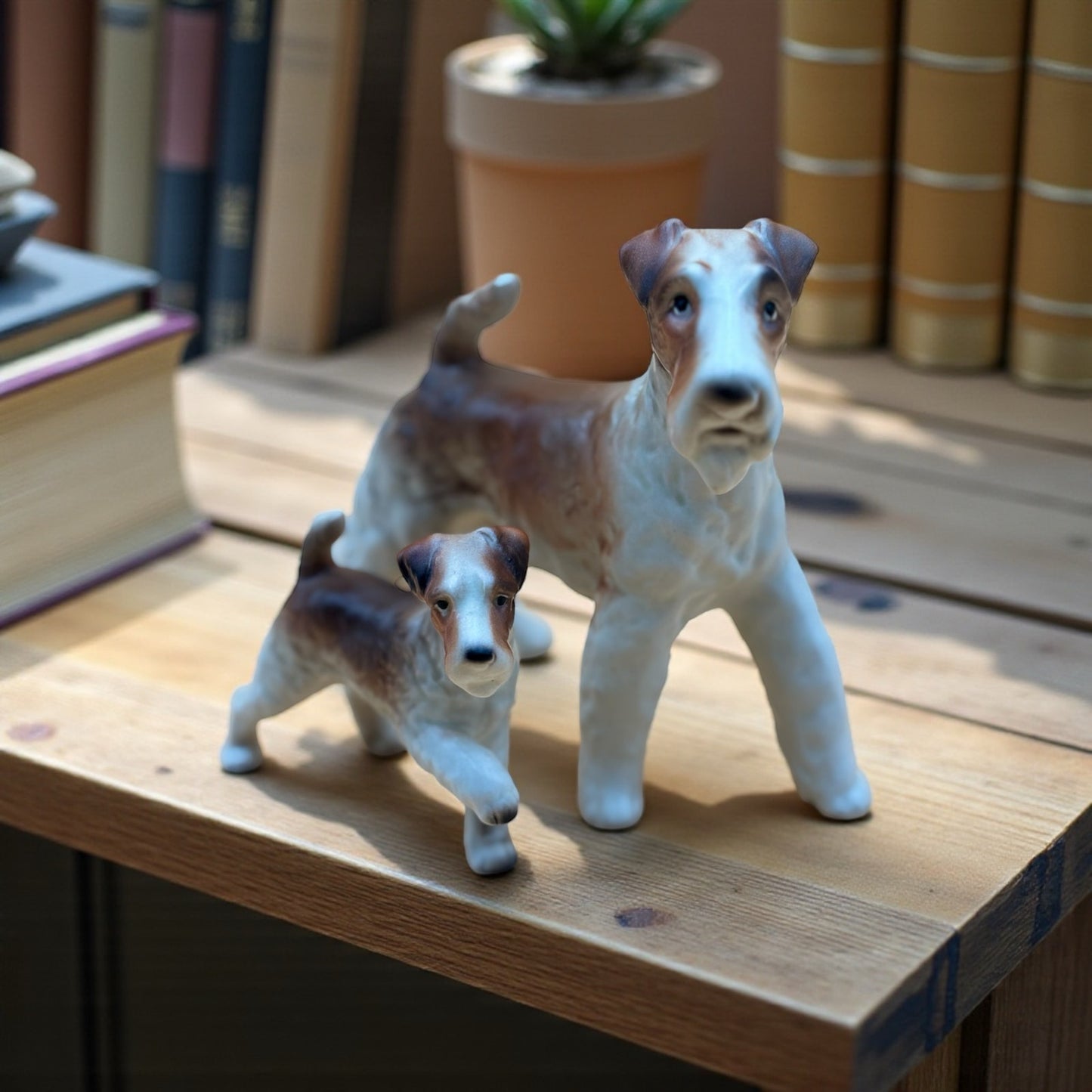 Vintage Lifelike Playful Porcelain Wire Fox Terrier Dog Figurines Set