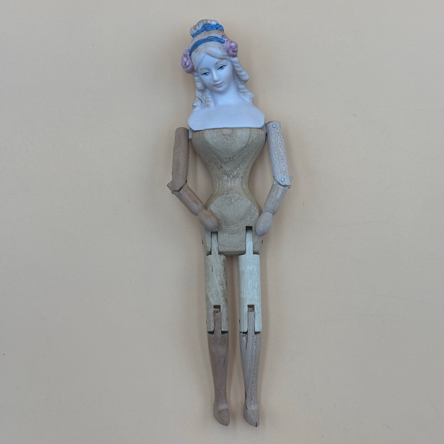 Shackman Bisque and Wood Jointed Doll 9.5 in with Blue Ribbon