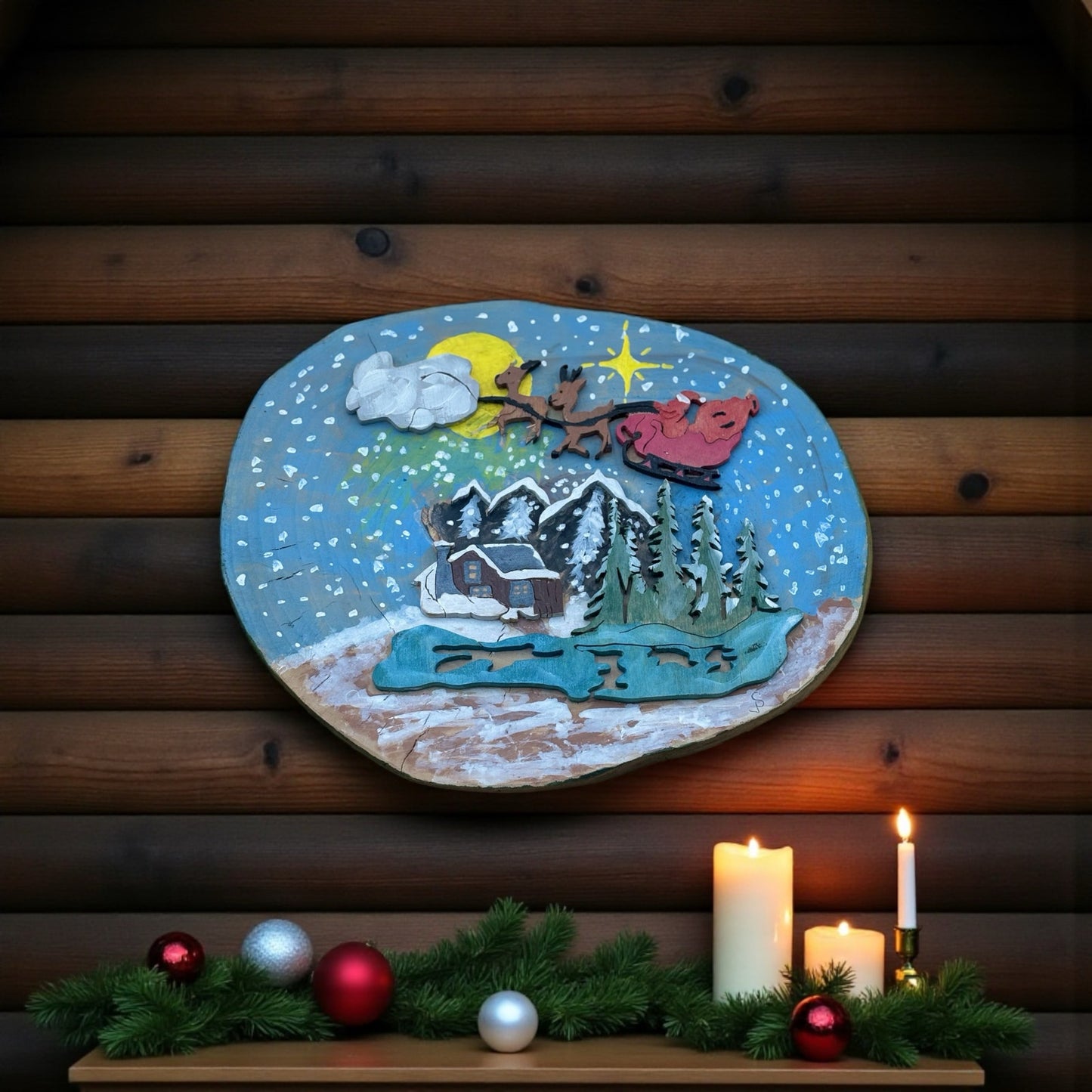Handmade Painted Wood Slice Christmas Wall Hanging – Cabin & Sleigh Scene