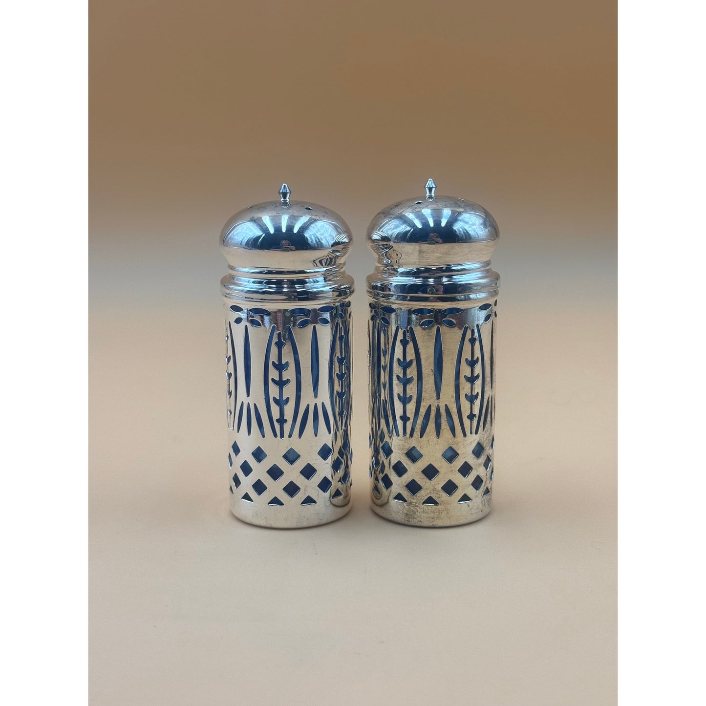 Sapphire Blue Glass Salt and Pepper Shakers with Silver Overlay