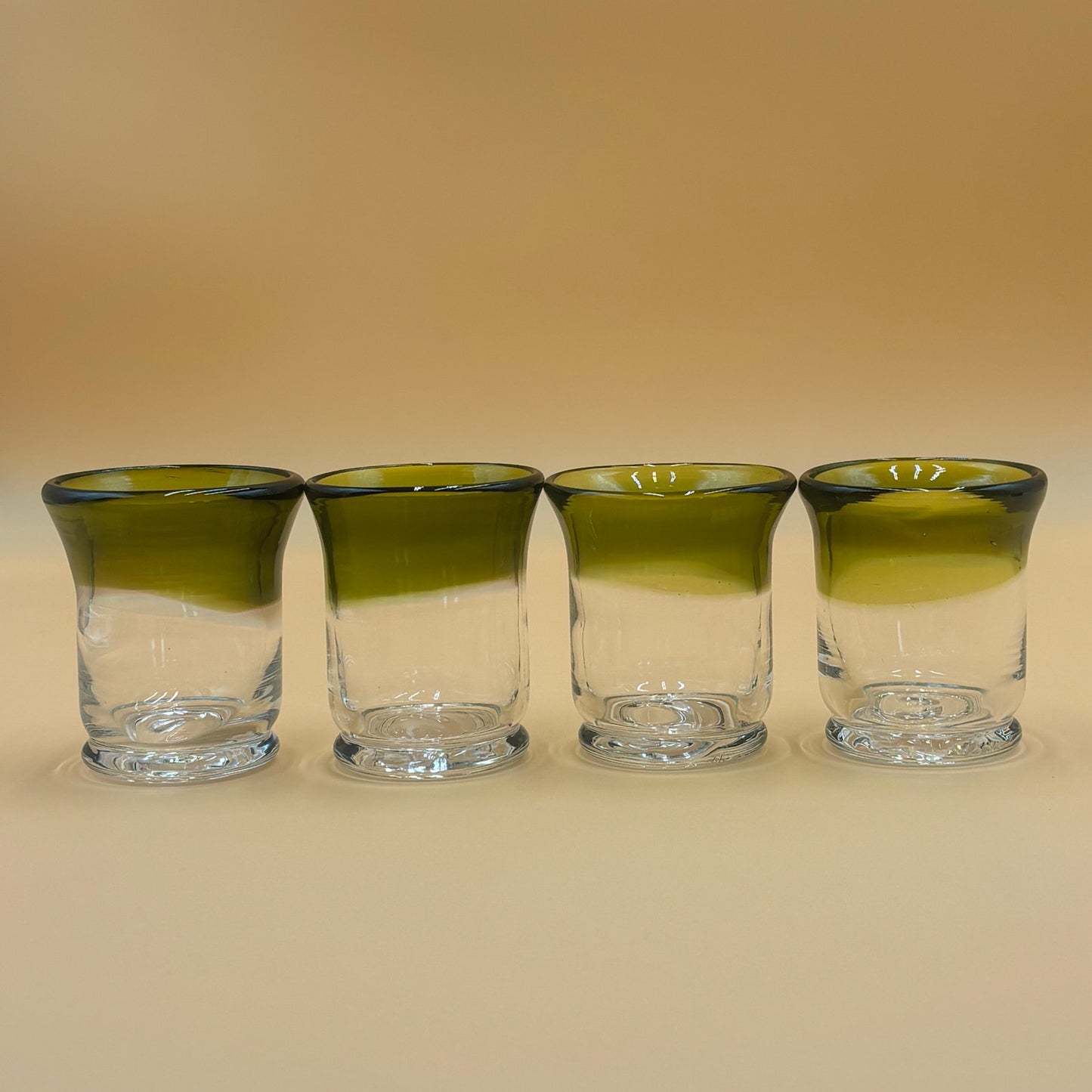 Set of 4 Hand Blown Art Glass Candleholders - Green and Clear