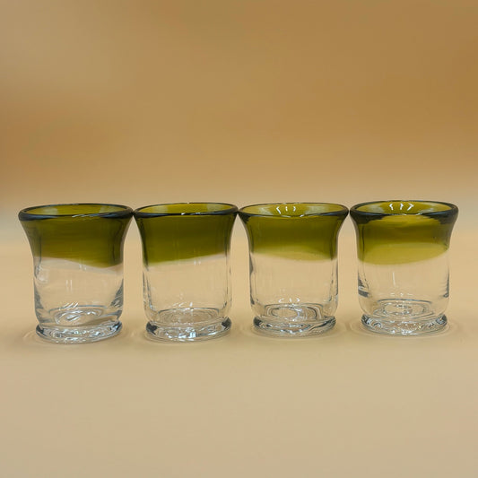 Set of 4 Hand Blown Art Glass Candleholders - Green and Clear