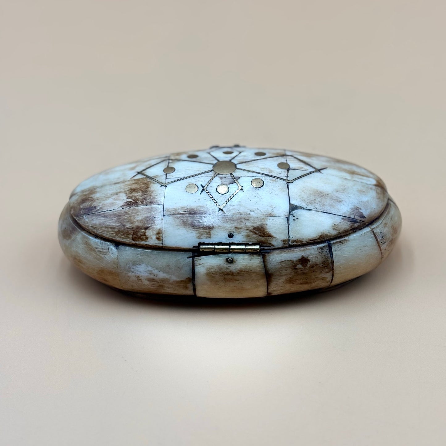 Vintage Indian Bone Inlay Trinket Box with Blue Velvet Lining – Handmade Art No. P187