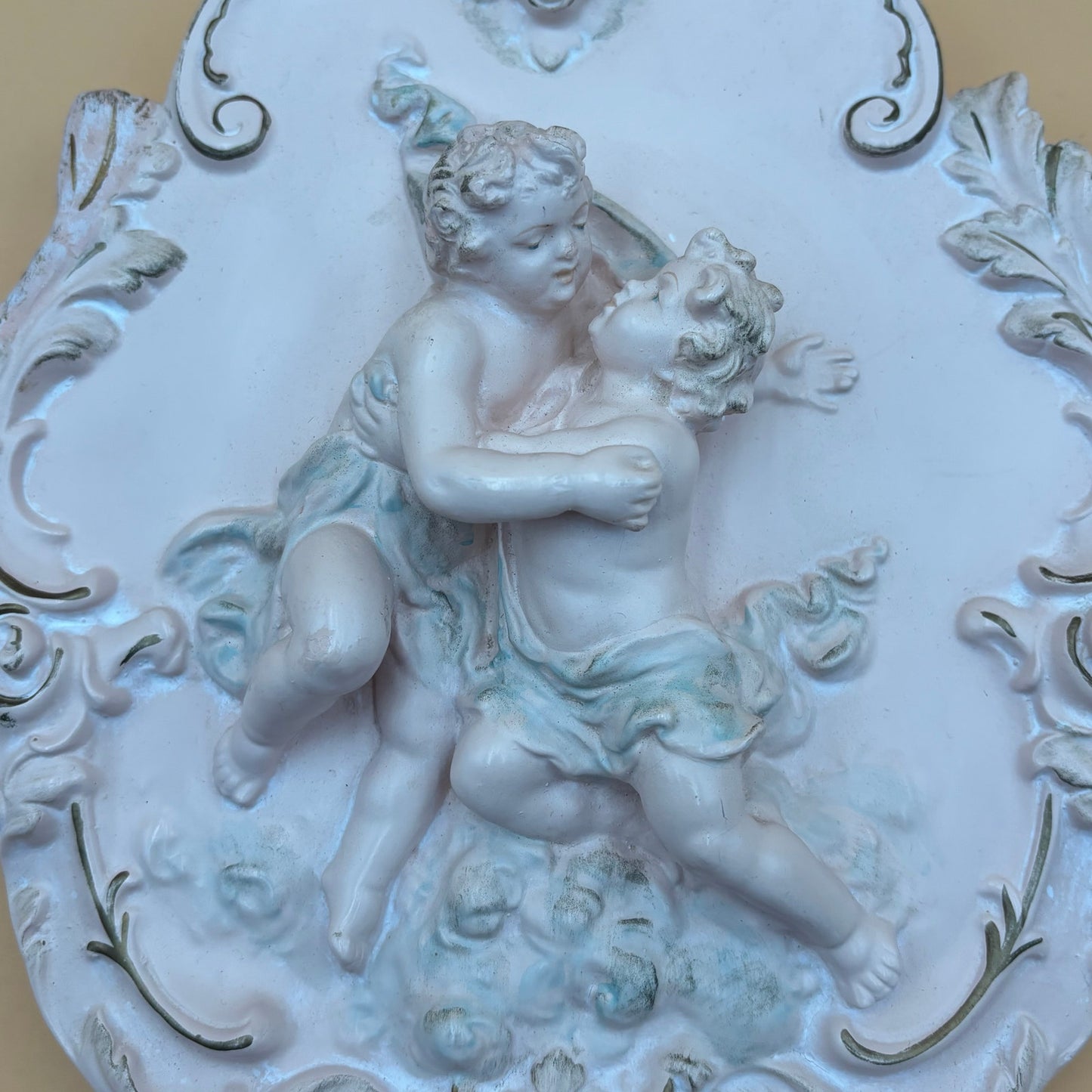 Pair of Alexander Backer Cherub Wall Plaques – Gilded Scrolls & Pastel Detail