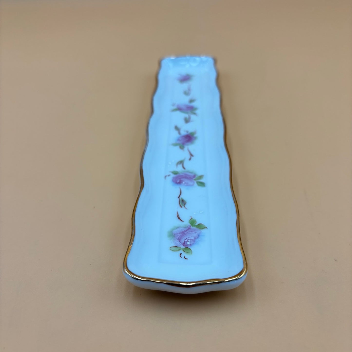 Vintage Hand Painted Porcelain Tray with Pink Roses and Gold Trim