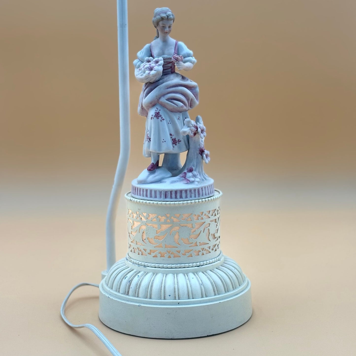Pair of Vintage Porcelain Figural Lamps with Lighted Bases – Man & Woman with Cherry Blossoms – 17.5” Tall