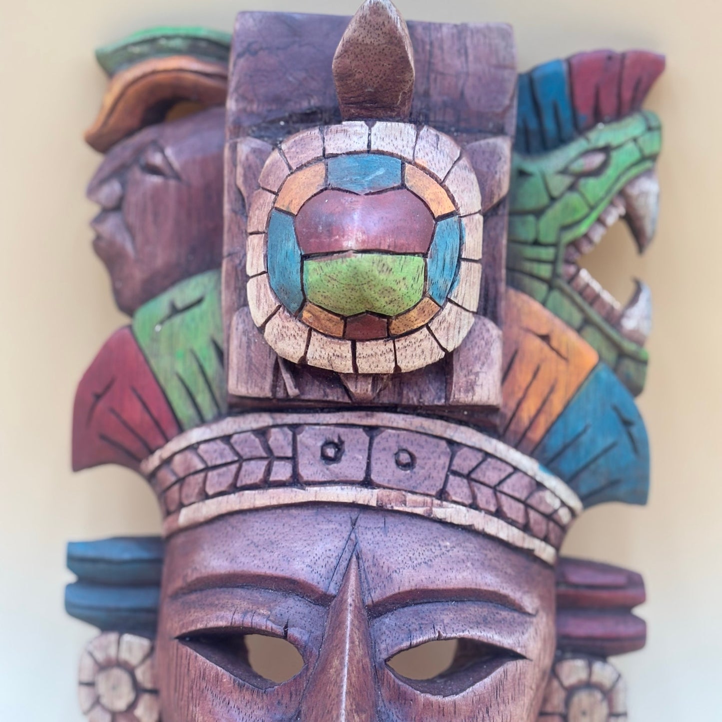 Mesoamerican Hand-Carved Warrior Mask/Wall Plaque - Turtle & Serpent Wall Art
