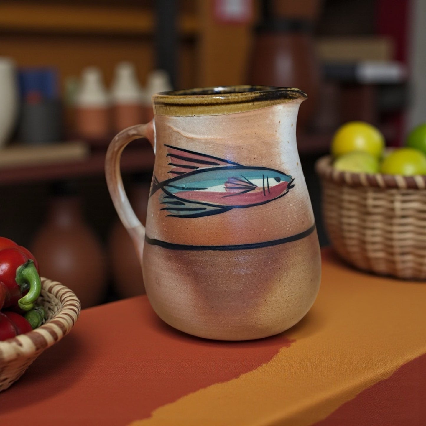 Studio Pottery Fish Pitcher with “M” Handle Mark – Hand-Painted 8″