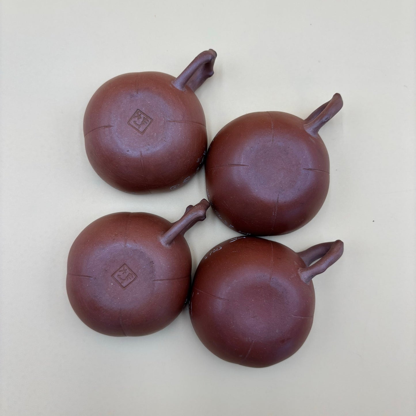 Antique Chinese Yixing-Style Red Clay Teapot Set – 4 Fair Cups & 4 Saucers with Etched Characters