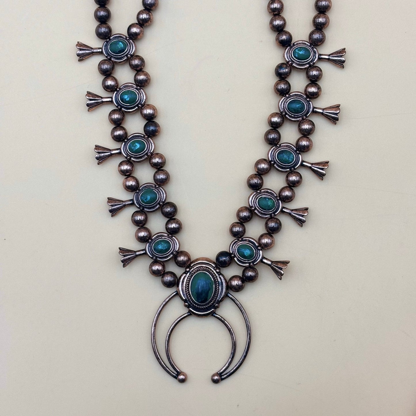 Boho Faux Turquoise Squash Blossom Necklace Copper-Tone Western Statement