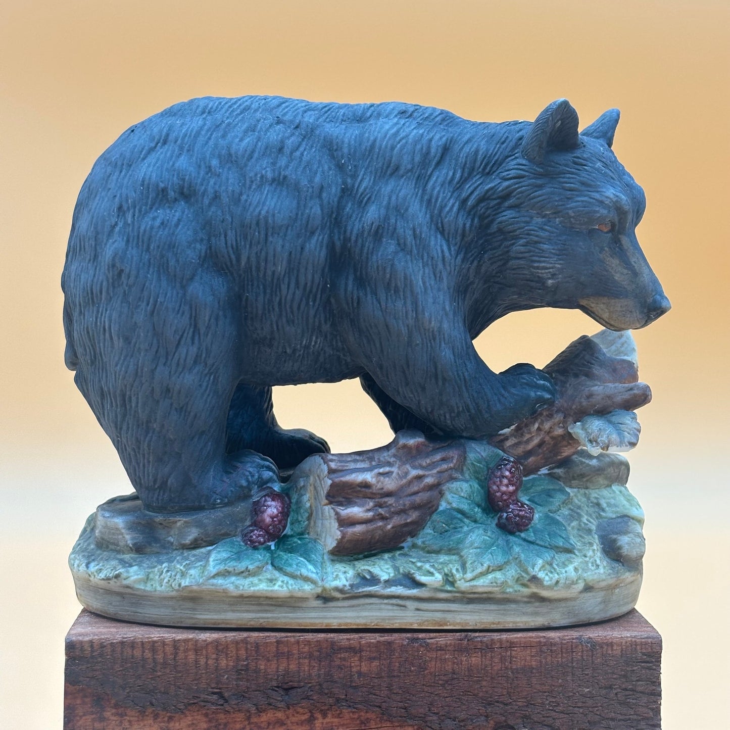 Vintage Lefton China Black Bear Figurine Branch with Berries Hand Painted