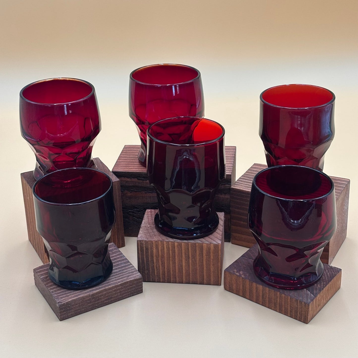 Set of 6 Vintage Ruby Red Glasses with Hexagonal/Honeycomb Base Mismatch