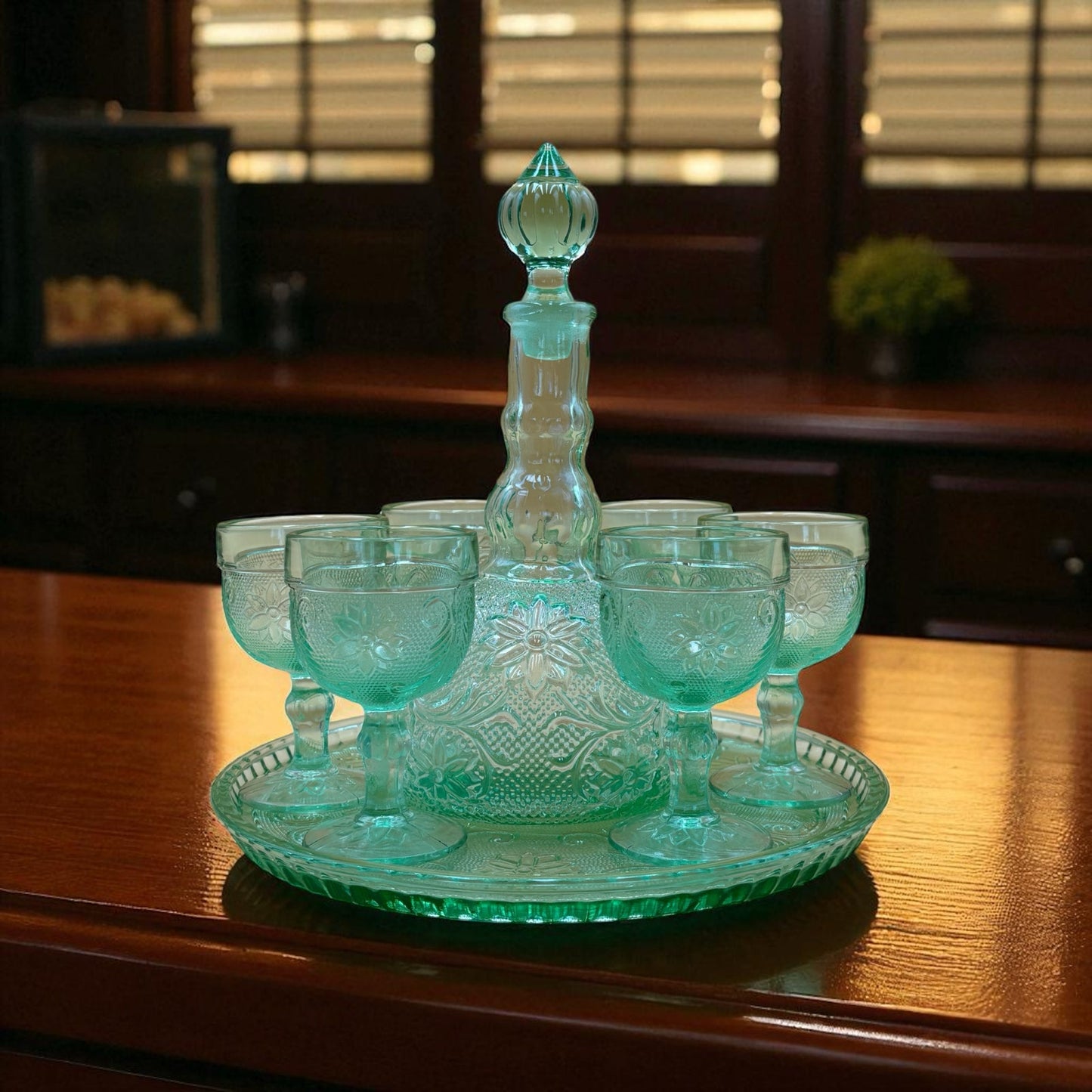 Aqua Green Pressed Glass Decanter Set with Tray and 6 Goblets