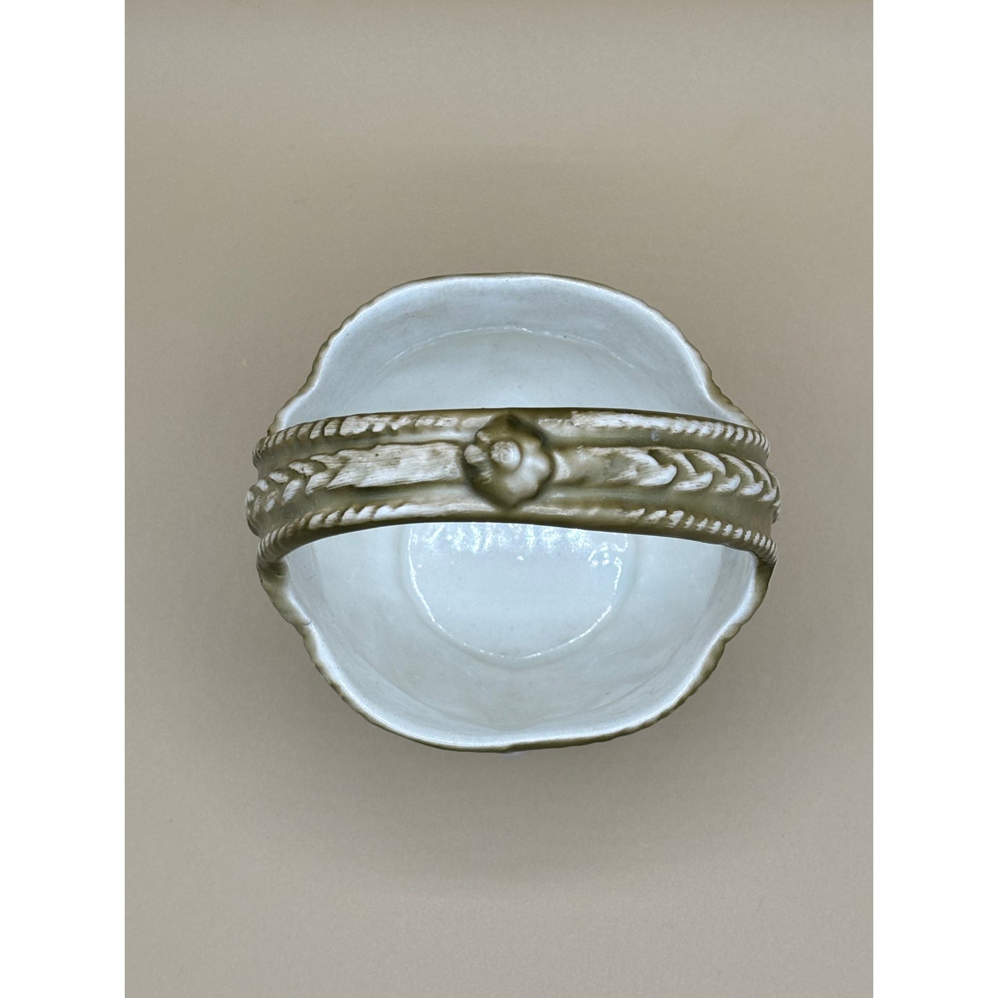 Vintage Porcelain Green and White Basket w/ Handle - Made in Czechoslovakia