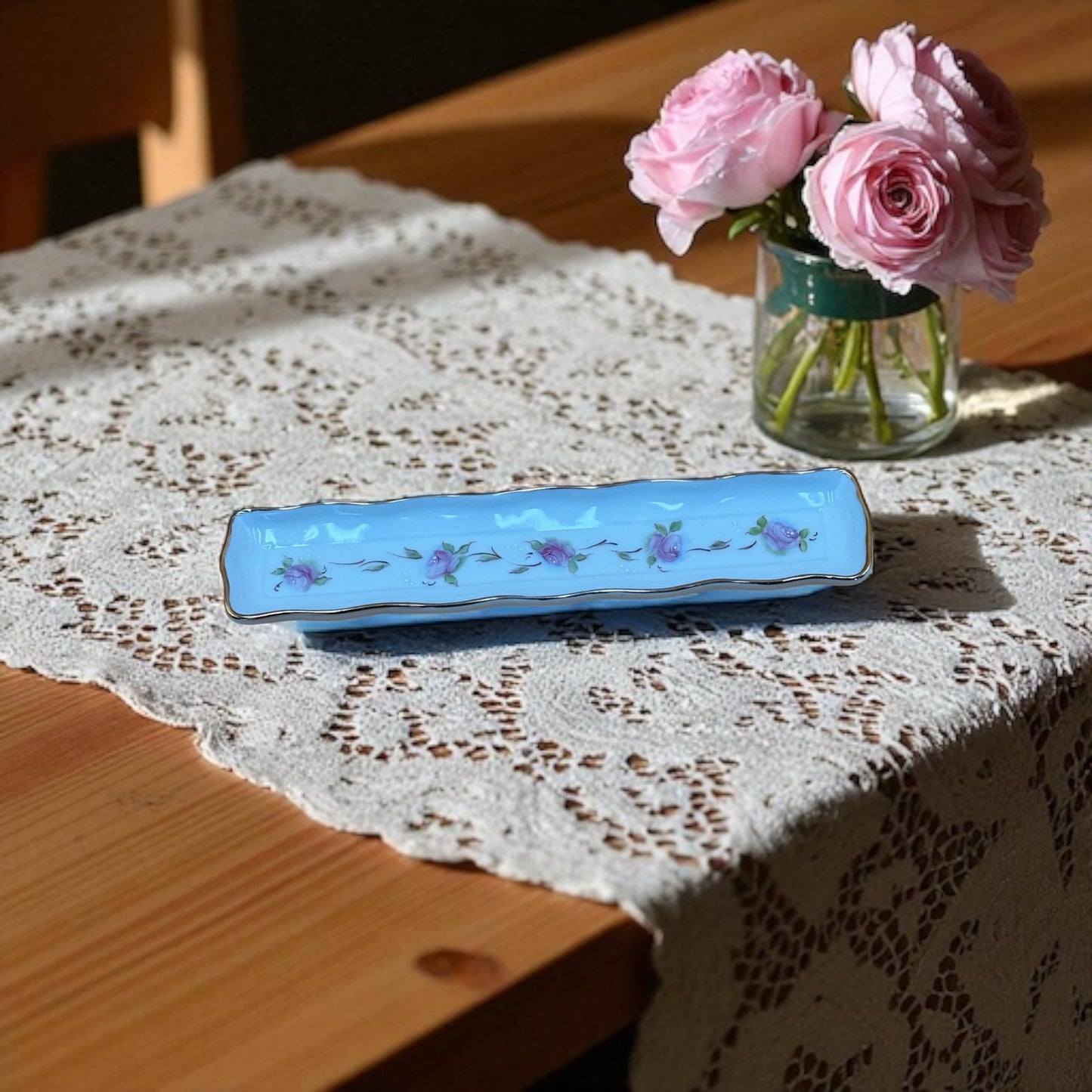 Vintage Hand Painted Porcelain Tray with Pink Roses and Gold Trim