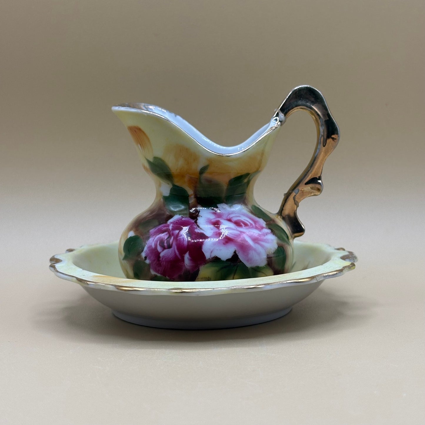 Vintage Enesco® Porcelain Mini Pitcher and Bowl Wash Basin Set w/Pink Roses E2359