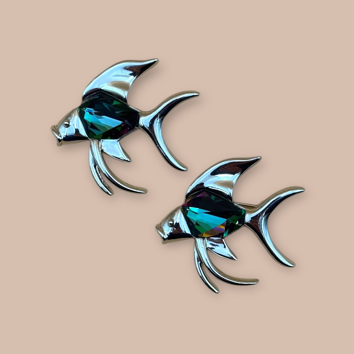 Vintage Sarah Coventry Goldtone Fish Pins (Pair, Watermelon Stones)